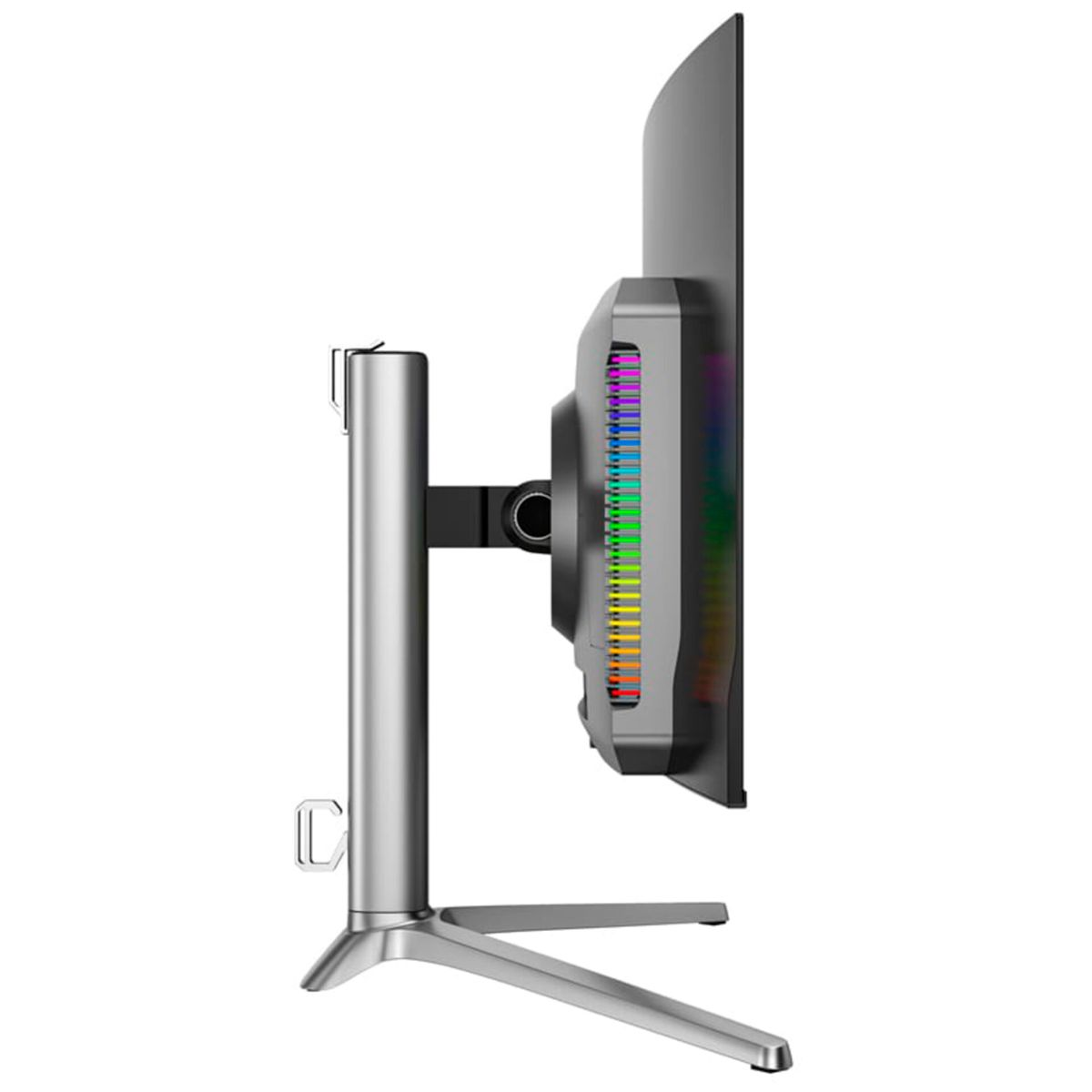 Seitenansicht eines modernen silbernen Monitors mit schwarzem Bildschirm und bunter RGB-Beleuchtung auf der Rückseite.