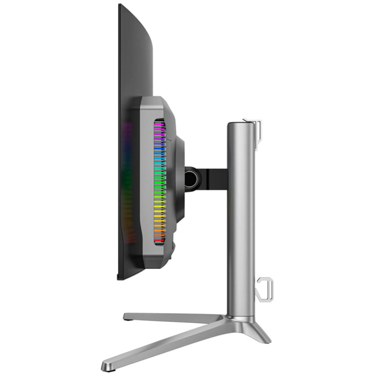 Seitenansicht eines modernen Computermonitors mit RGB-Beleuchtung auf der Rückseite und einem silbernen Ständer.