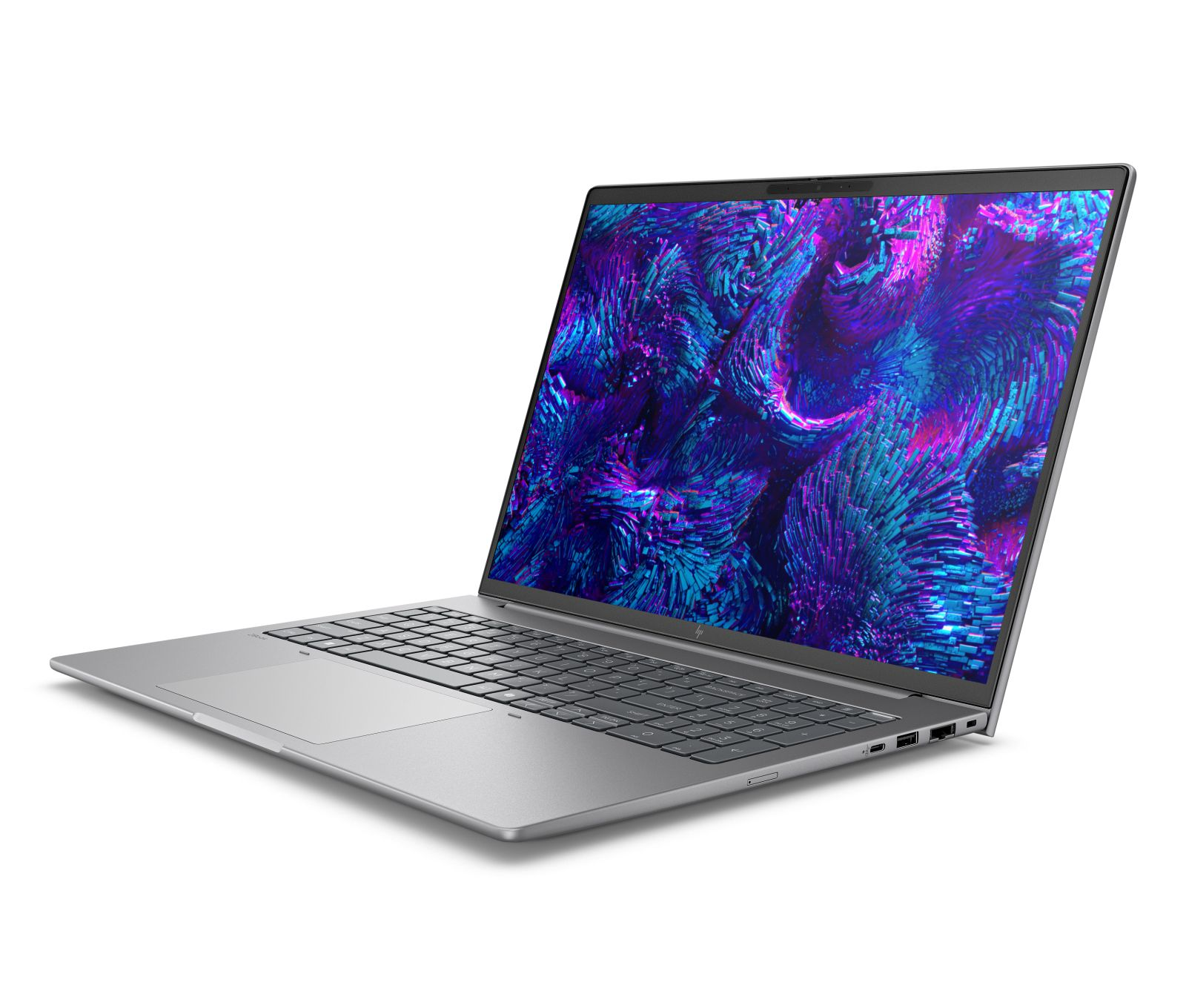 Srebrny laptop z kolorowym, abstrakcyjnym tłem na ekranie.