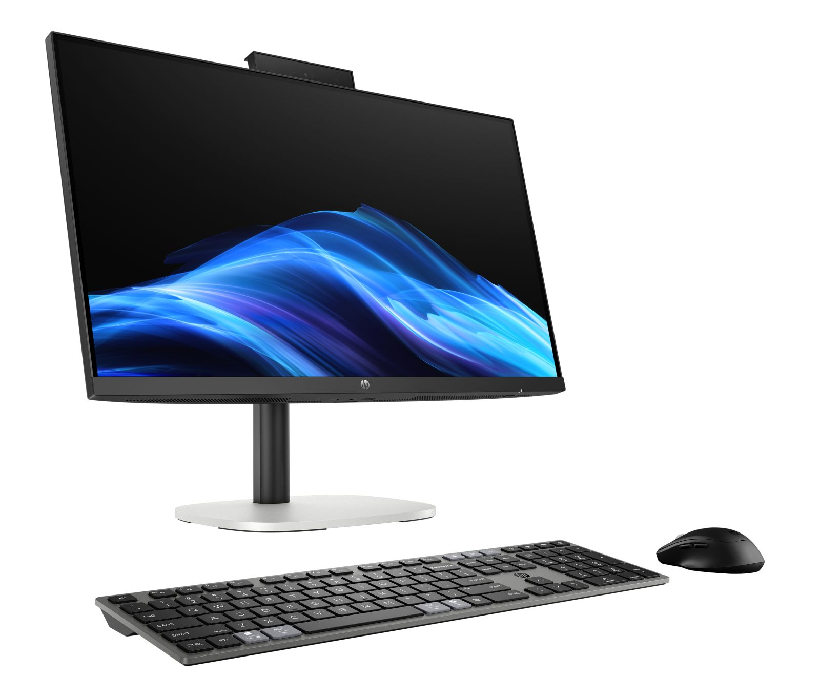 Un computer all-in-one con monitor, tastiera e mouse neri su sfondo bianco.