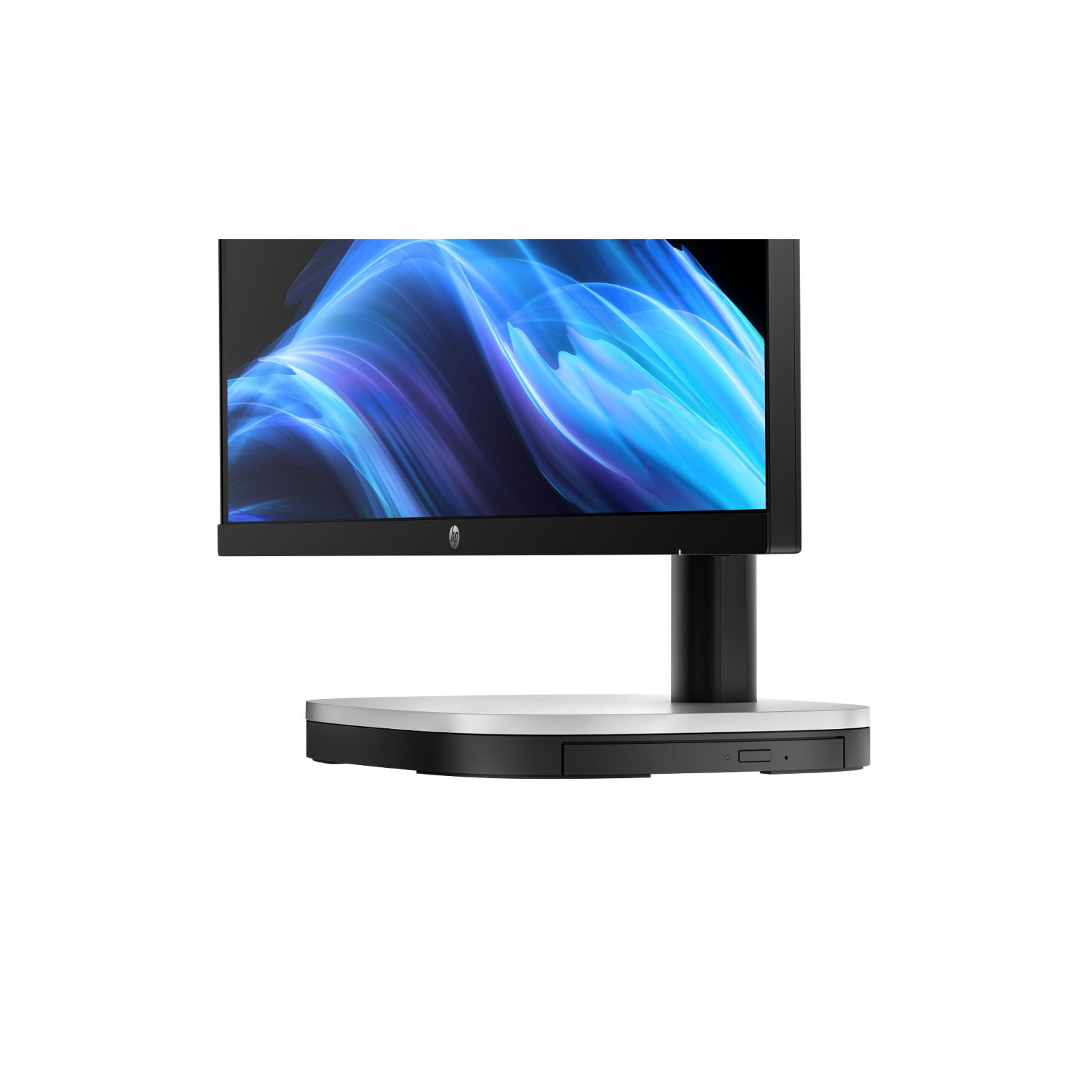 Un monitor HP con sfondo astratto blu su un supporto argento e nero.