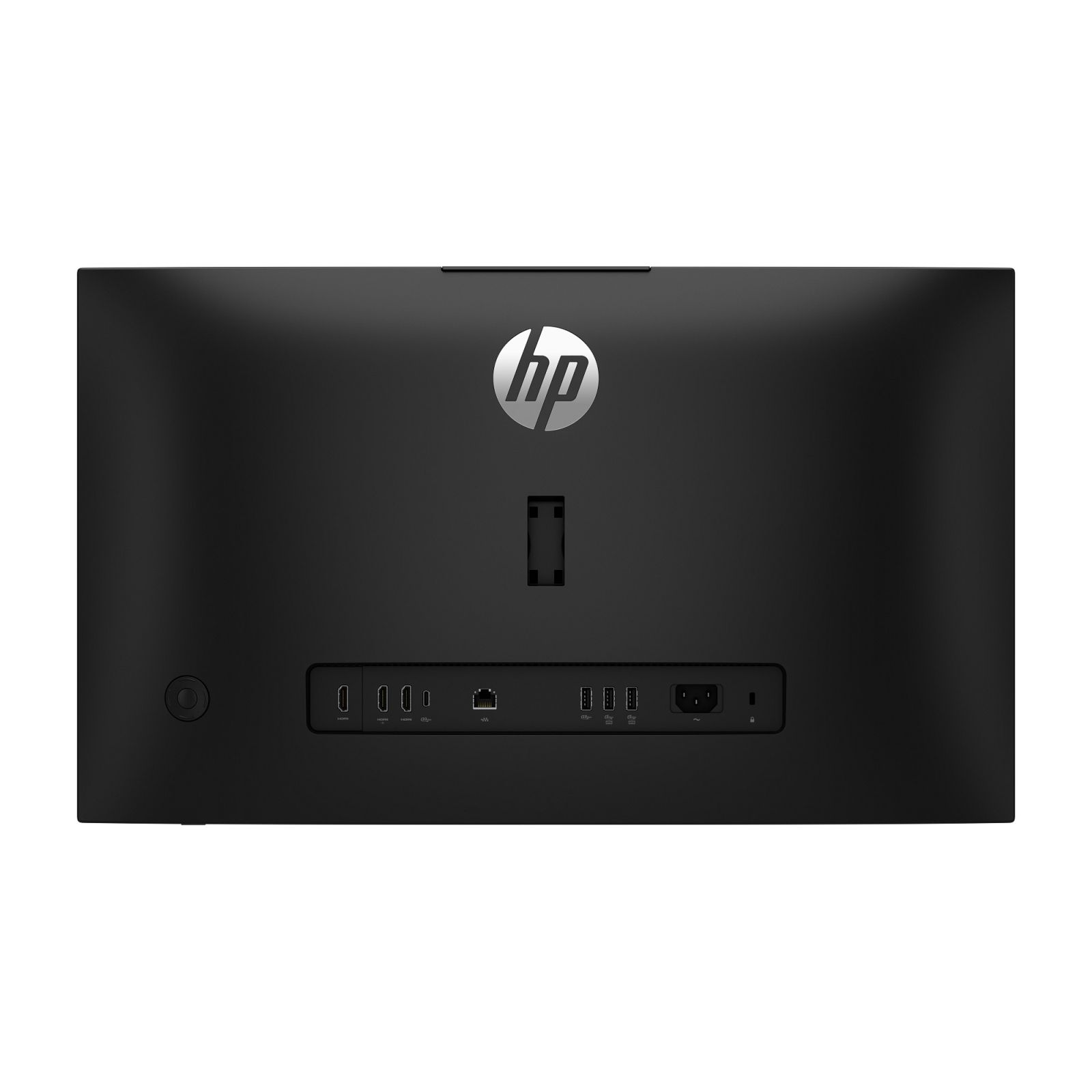 Retro PC all-in-one HP nero con porte: 2x USB-C, 2x HDMI, Ethernet, 2x USB-A, ingresso alimentazione.
