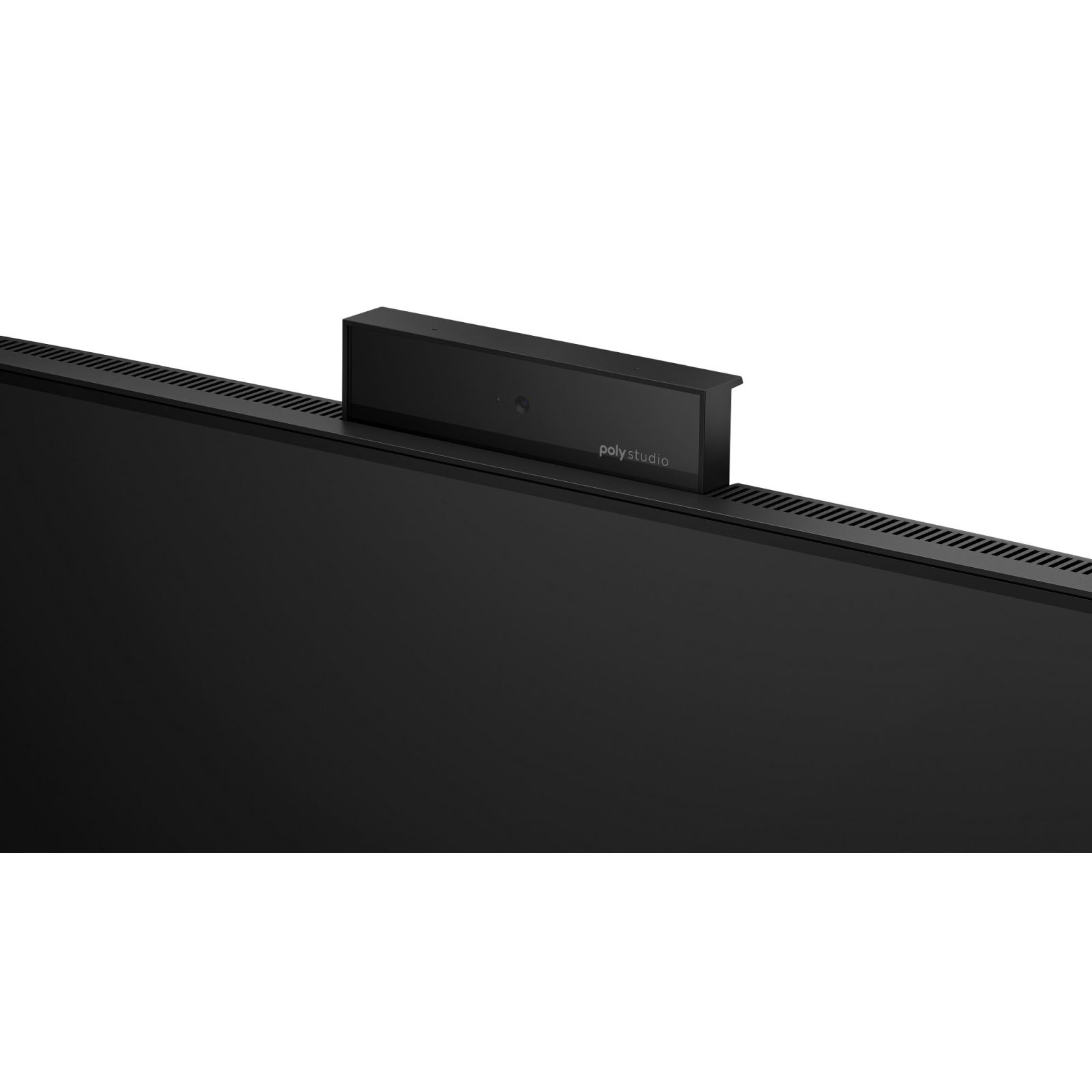 Una telecamera Poly Studio nera è posata su un monitor nero.