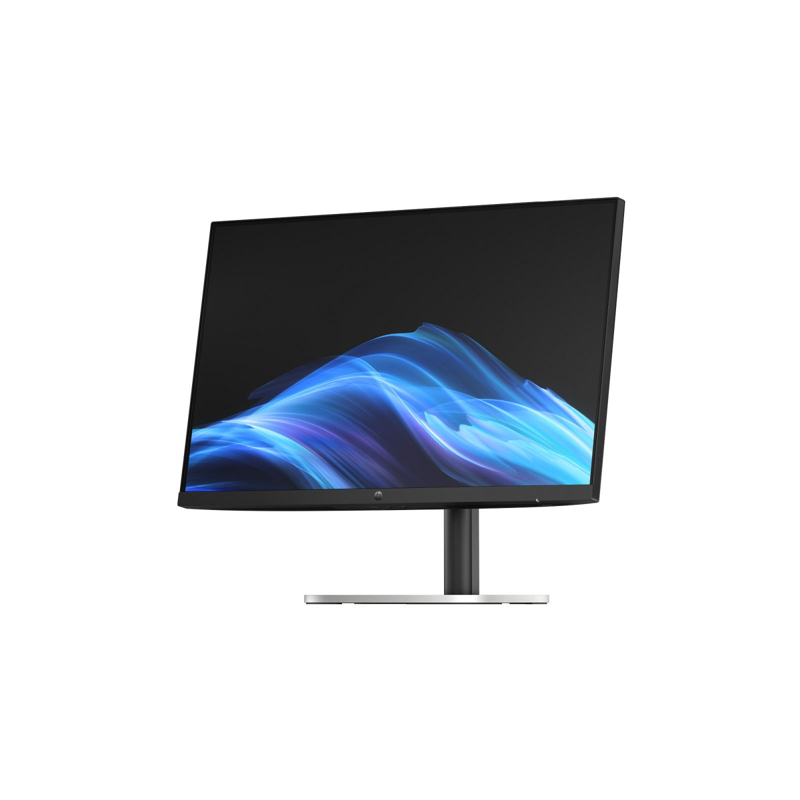 Un monitor moderno con un motivo ondulato stilizzato blu e viola sullo schermo.