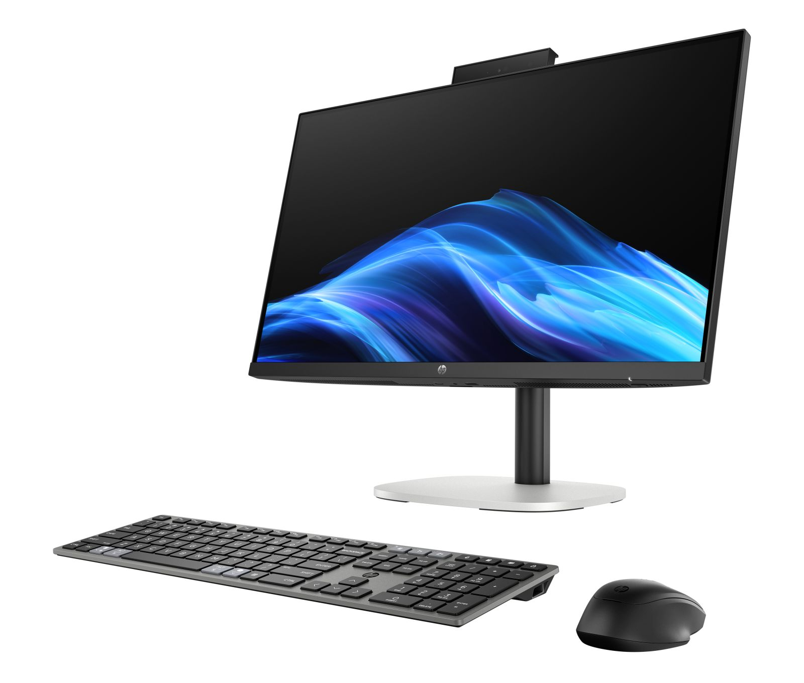 Un computer all-in-one HP moderno con un elegante monitor nero, tastiera e mouse wireless.