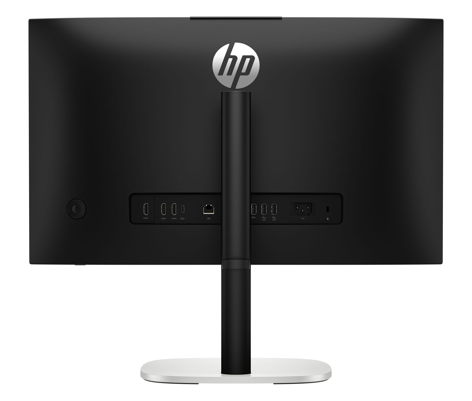 Vista posteriore di un monitor HP nero con porte e logo HP.