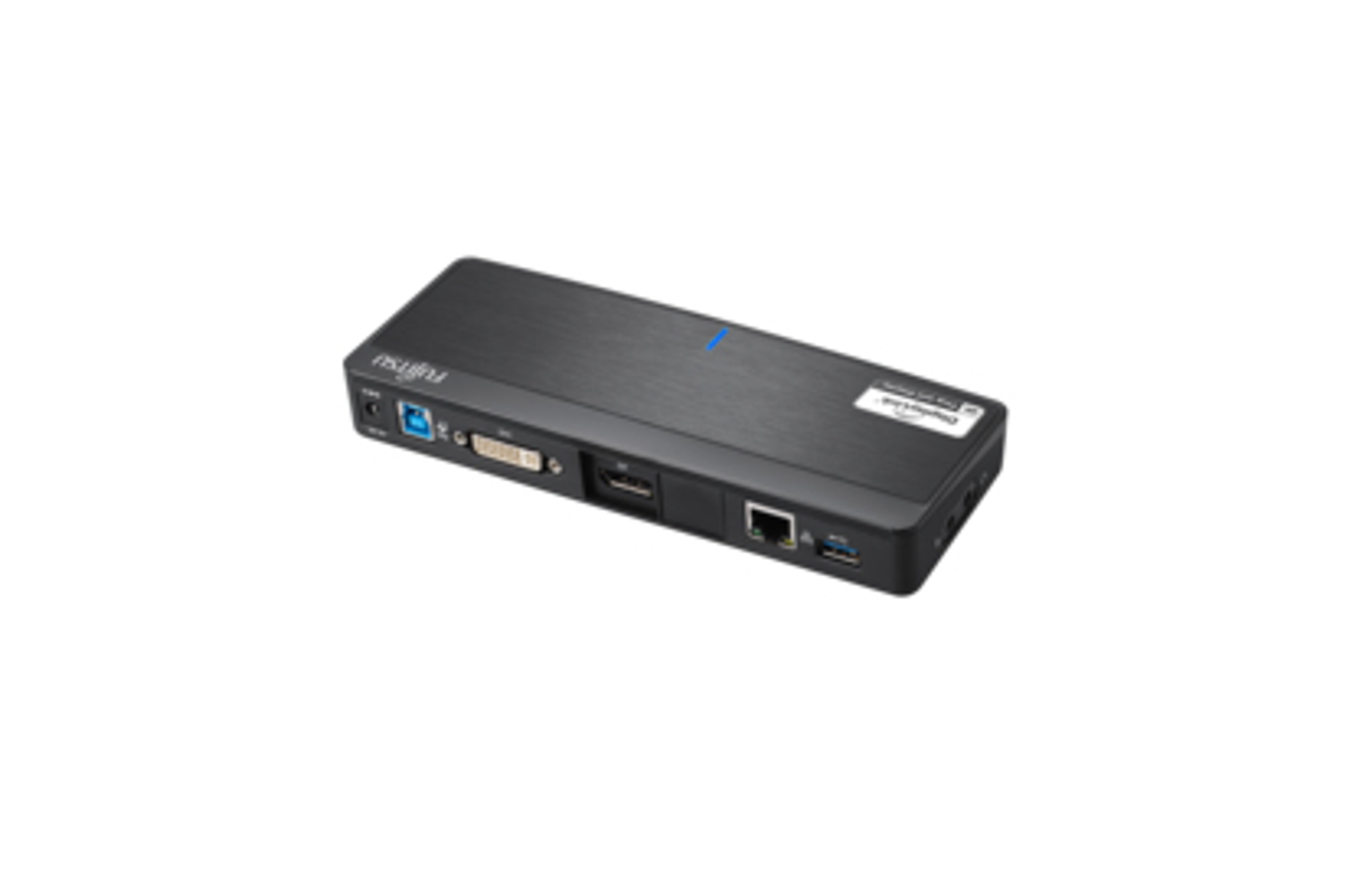 Docking station Fujitsu nera con porte USB, DVI, HDMI ed Ethernet.
