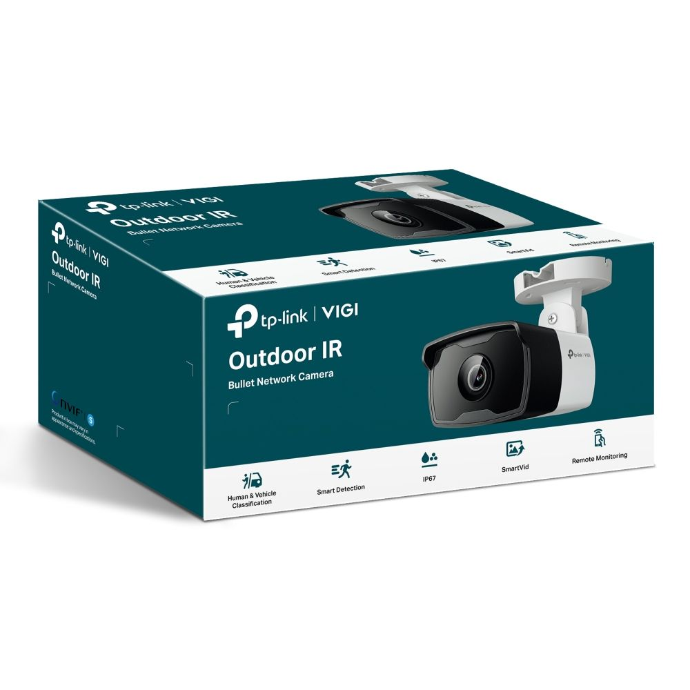 TP-Link VIGI Outdoor IR Bullet Network Camera box with features listed.