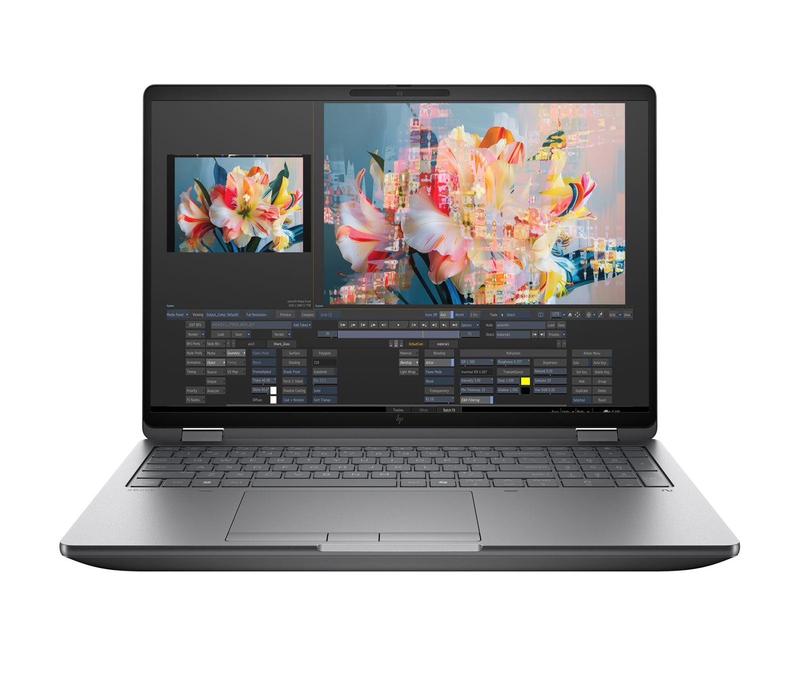Laptop wyświetla program grafiki cyfrowej z żywymi obrazami kwiatów i złożonymi menu.