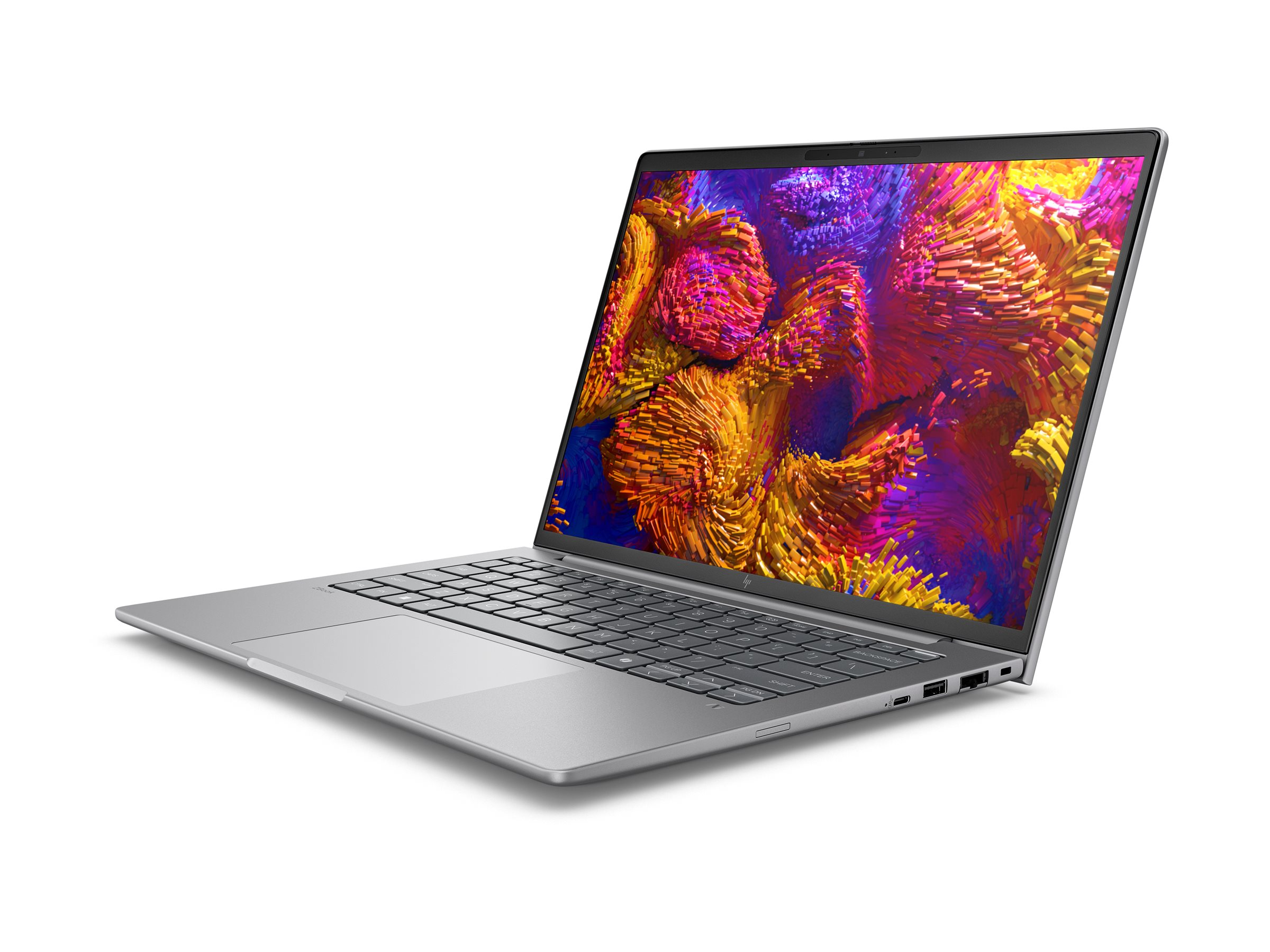 Srebrny laptop HP jest otwarty, wyświetla kolorową abstrakcyjną tapetę na ekranie.