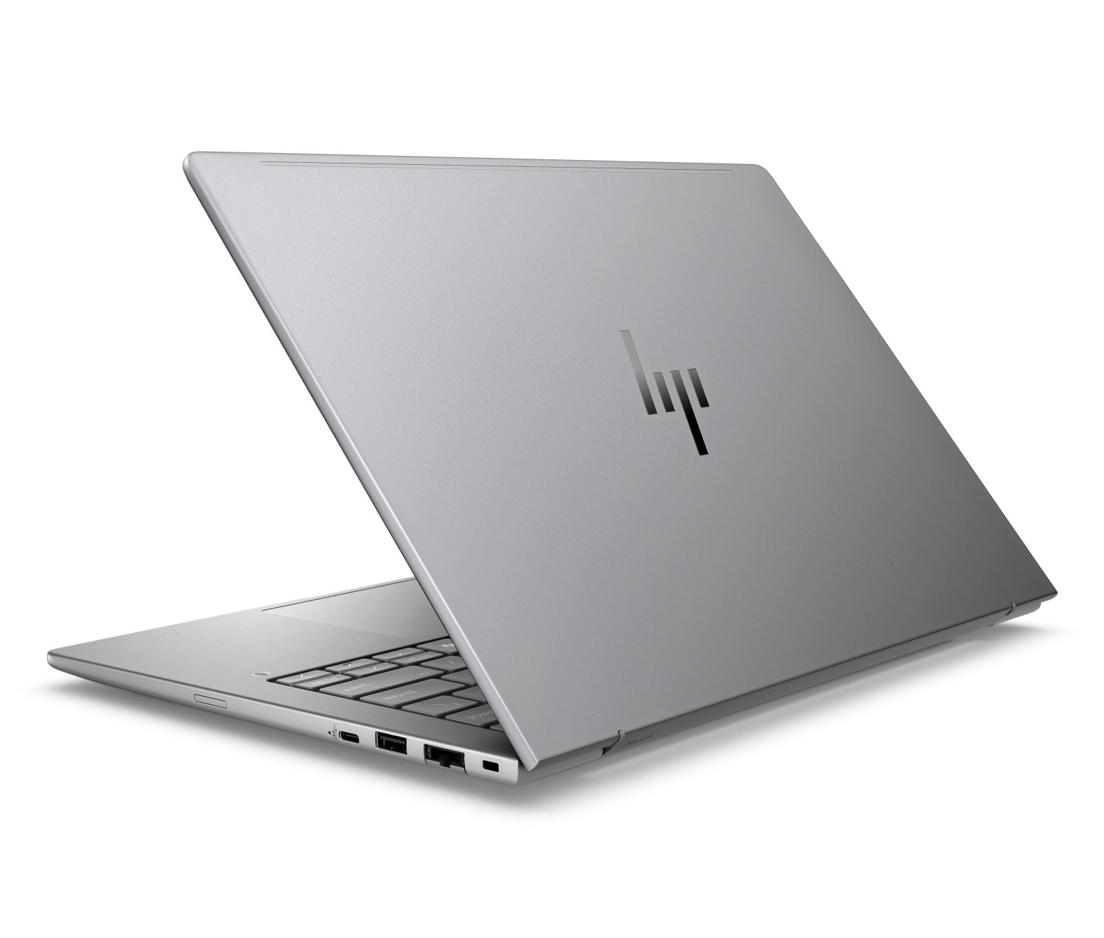 Srebrny laptop, częściowo otwarty, z logo HP na pokrywie.