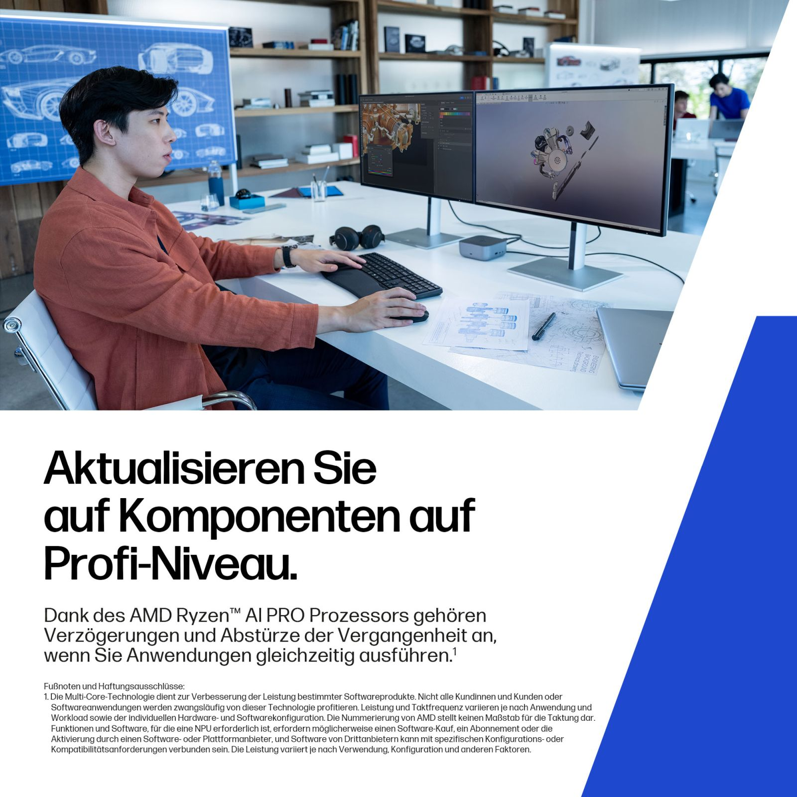 Mężczyzna siedzi przy biurku, pracując na dwóch monitorach komputerowych wyświetlających projekty 3D.