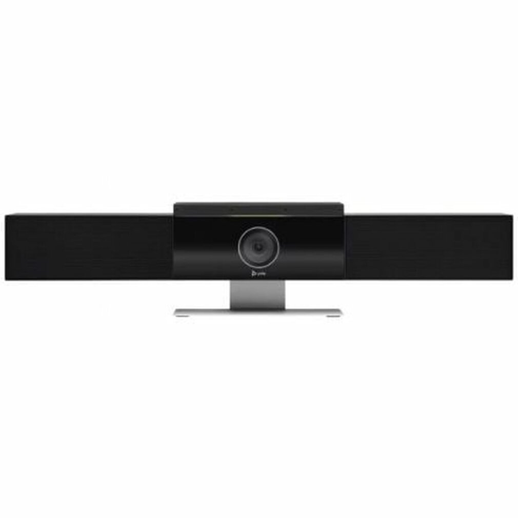 Una barra per videoconferenze nera con due altoparlanti e un supporto argentato.