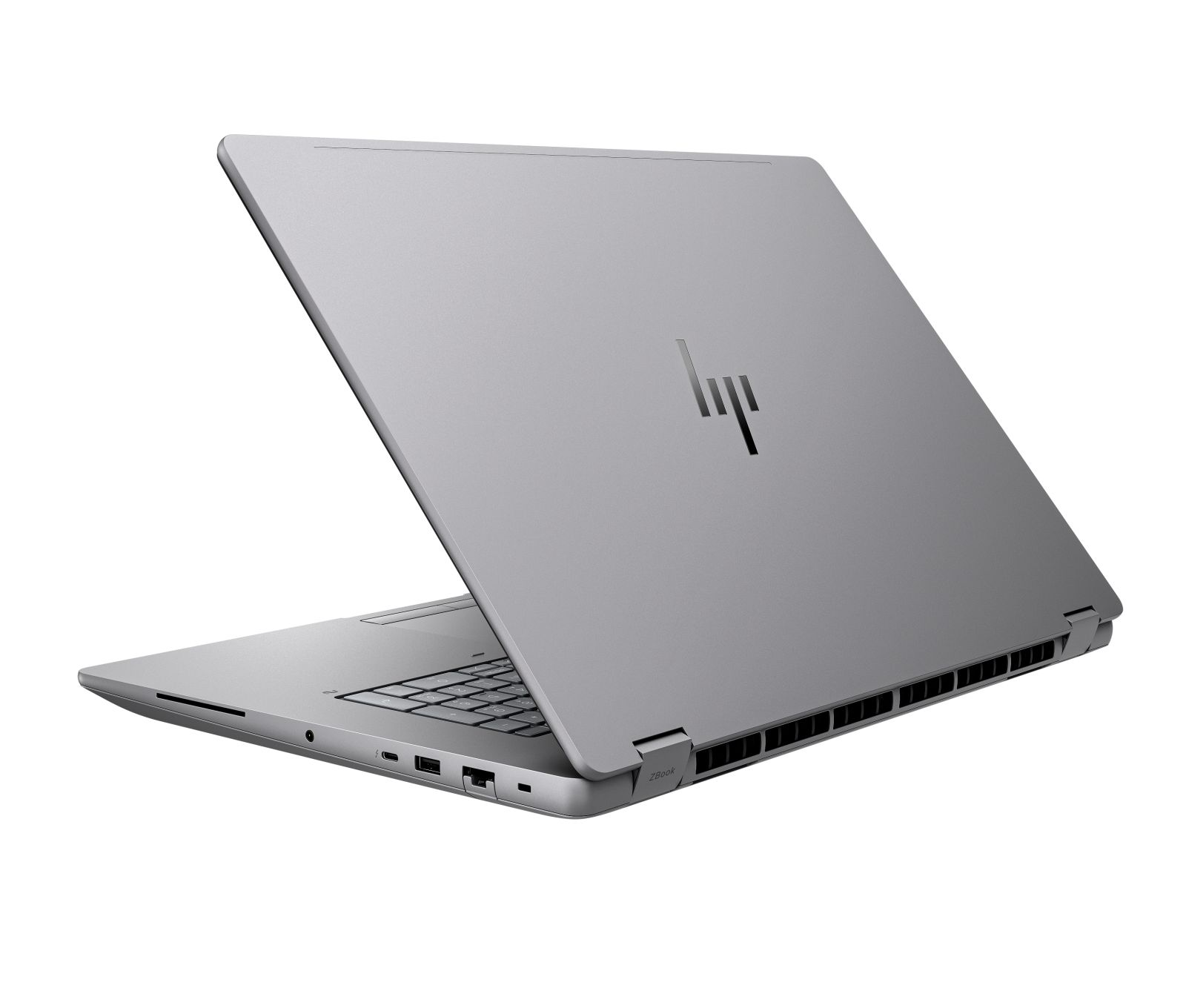 Silbernes HP ZBook Laptop, geöffnet, zeigt Tastatur, Anschlüsse und HP-Logo auf dem Deckel.