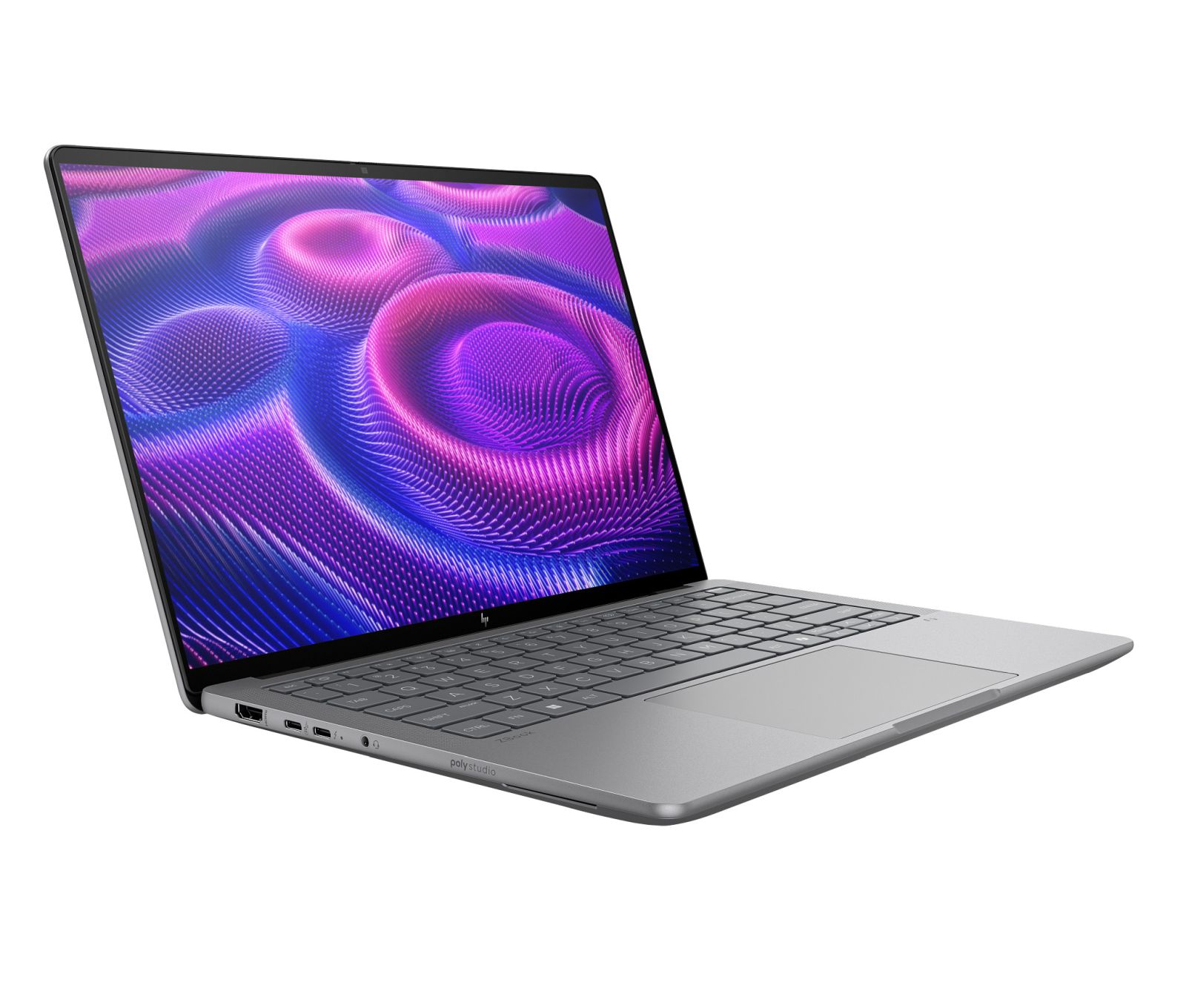 Srebrny laptop HP jest otwarty, wyświetlając żywiołową fioletowo-niebieską tapetę abstrakcyjną.