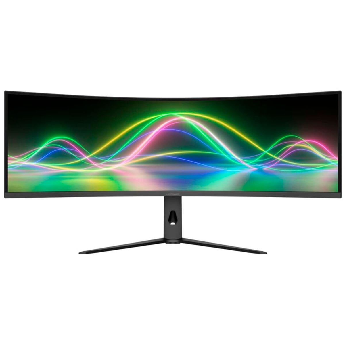 Ein ultrakurzer, gebogener Monitor mit leuchtenden, wellenförmigen Linien in Grün, Gelb, Rosa und Blau.