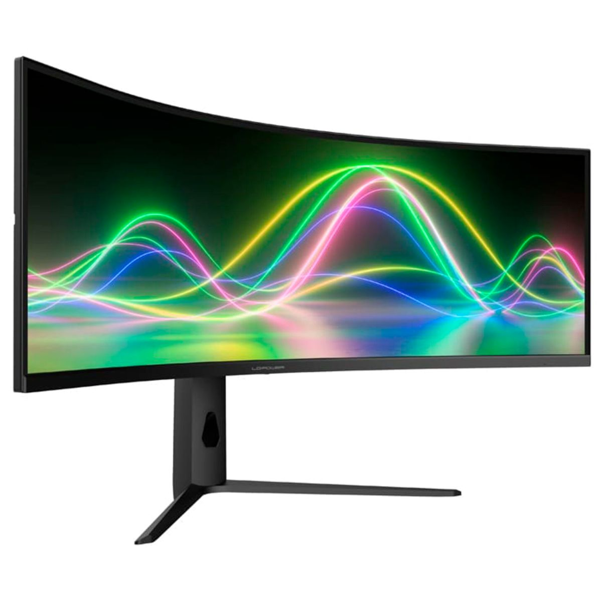 Ein gekrümmter Monitor mit leuchtenden Wellenmustern in Grün, Gelb und Rosa.