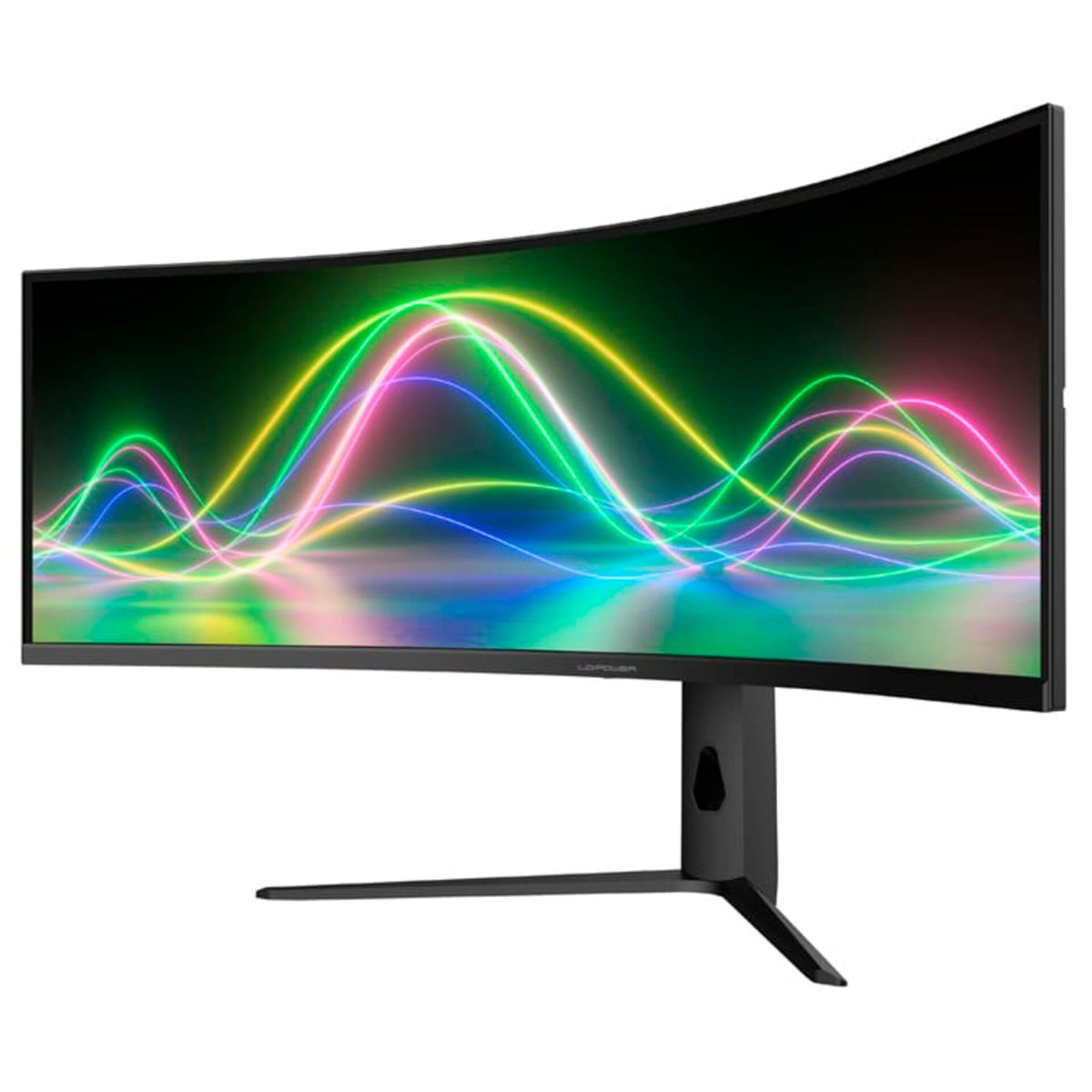 Ein gebogener Monitor zeigt farbenfrohe, wellenförmige Lichtlinien auf schwarzem Hintergrund.