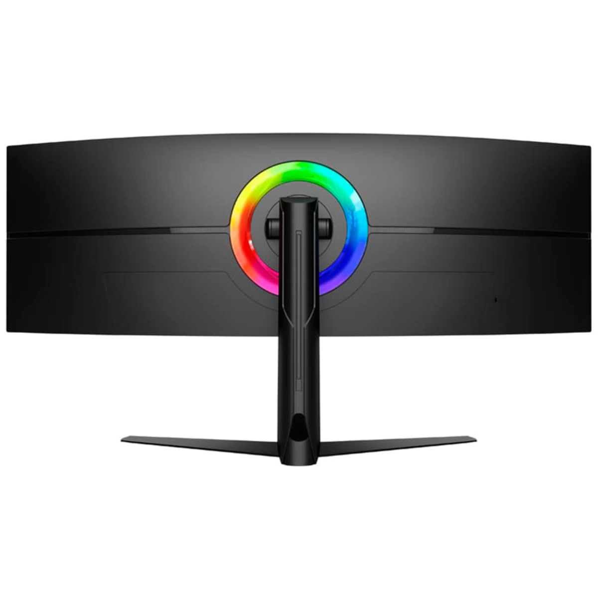 Gekrümmter schwarzer Monitorrücken mit RGB-Ringlicht und schwarzem Ständer.
