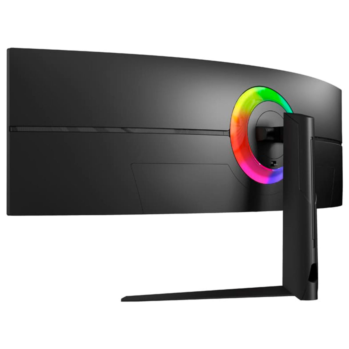 Ein schwarzer, gebogener Monitor mit RGB-Beleuchtung auf der Rückseite. Der Ständer ist schwarz.