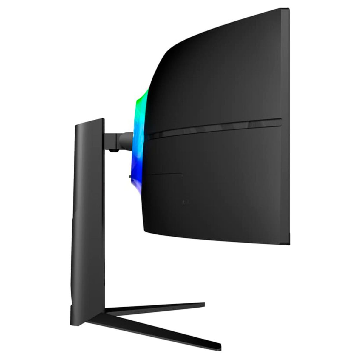 Gebogener schwarzer Monitor mit RGB-Beleuchtung auf der Rückseite, auf einem Ständer montiert.