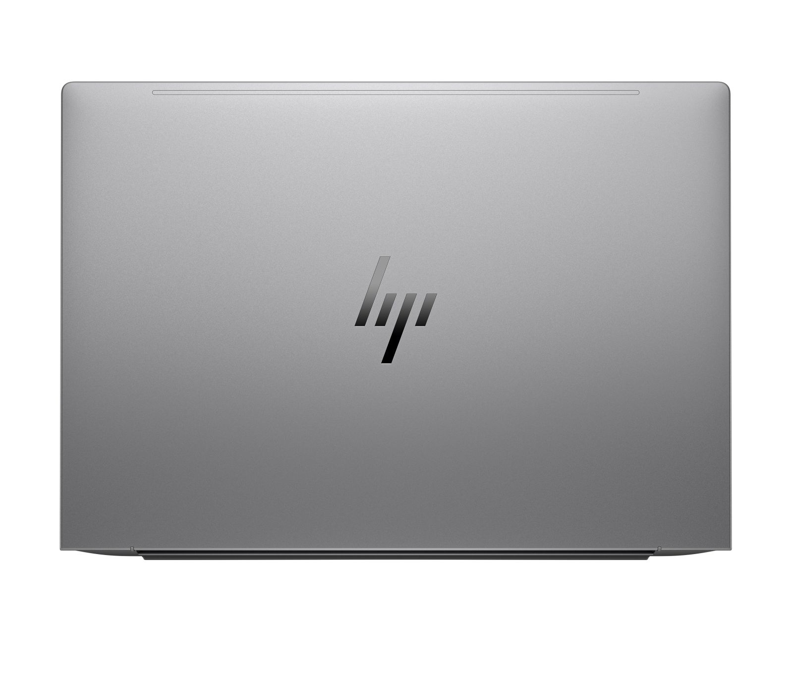 Ein geschlossener silberner HP-Laptop mit dem HP-Logo auf dem Deckel wird vor weißem Hintergrund gezeigt.