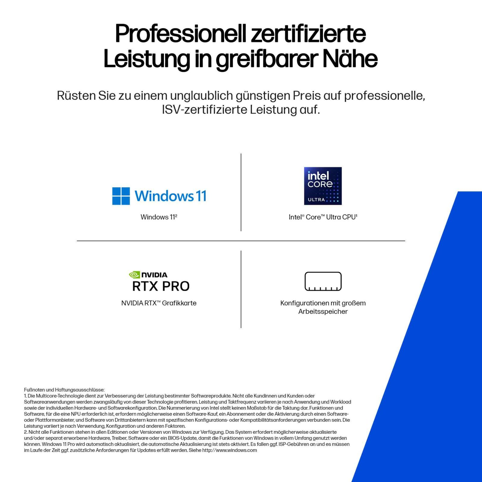 Profesjonalnie certyfikowana wydajność. Zawiera Windows 11, procesor Intel Core Ultra, kartę NVIDIA RTX PRO.