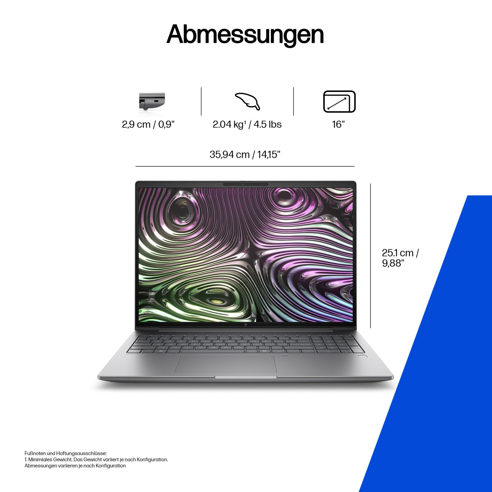 Laptop o wymiarach: grubość 2,9 cm, szerokość 35,94 cm, wysokość 25,1 cm, waga 2,04 kg.
