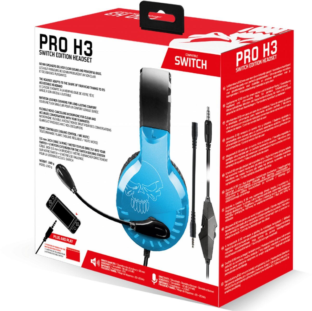 Scatola blu "PRO H3 SWITCH EDITION HEADSET" con cuffie, microfono e cavi.
