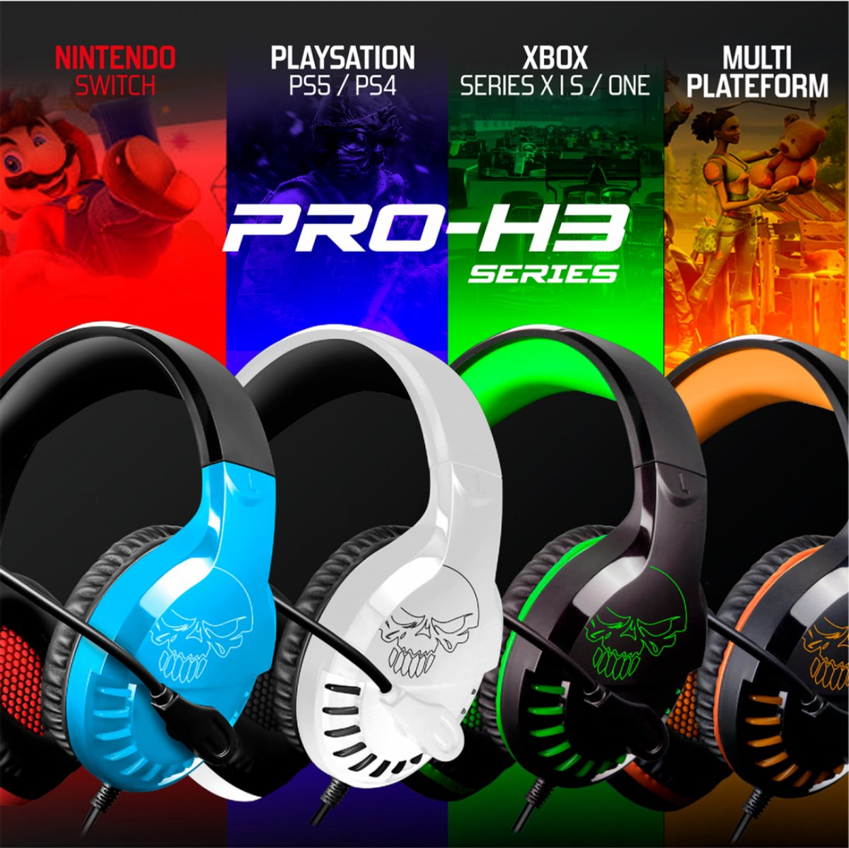 Quattro cuffie da gaming con design a teschio, per Nintendo, Playstation, Xbox e Multiplataforma.