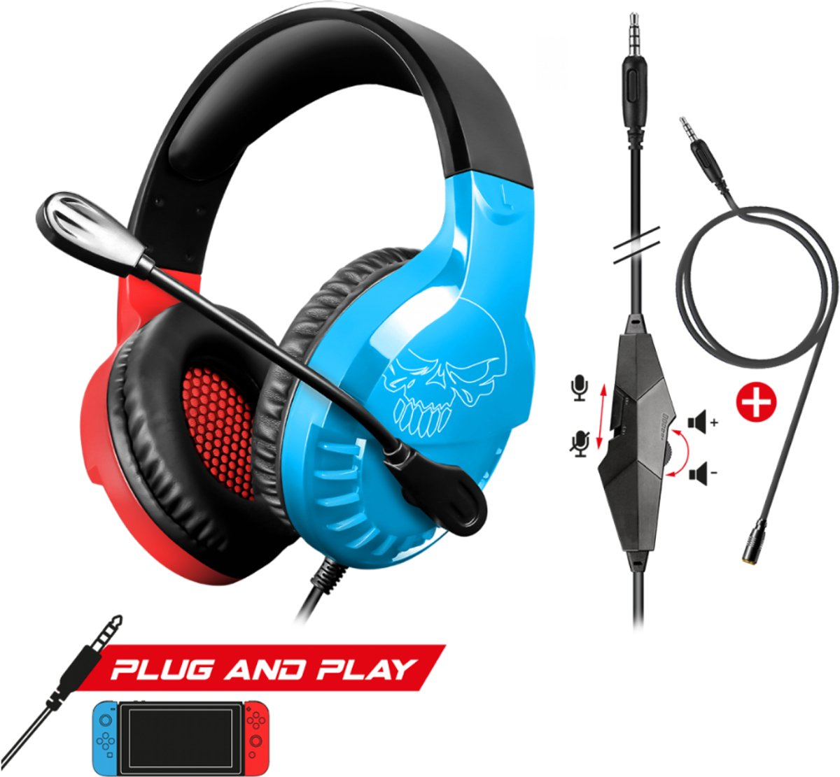 Cuffie gaming blu con accenti rossi, grafica teschio e microfono. Cavi inclusi.