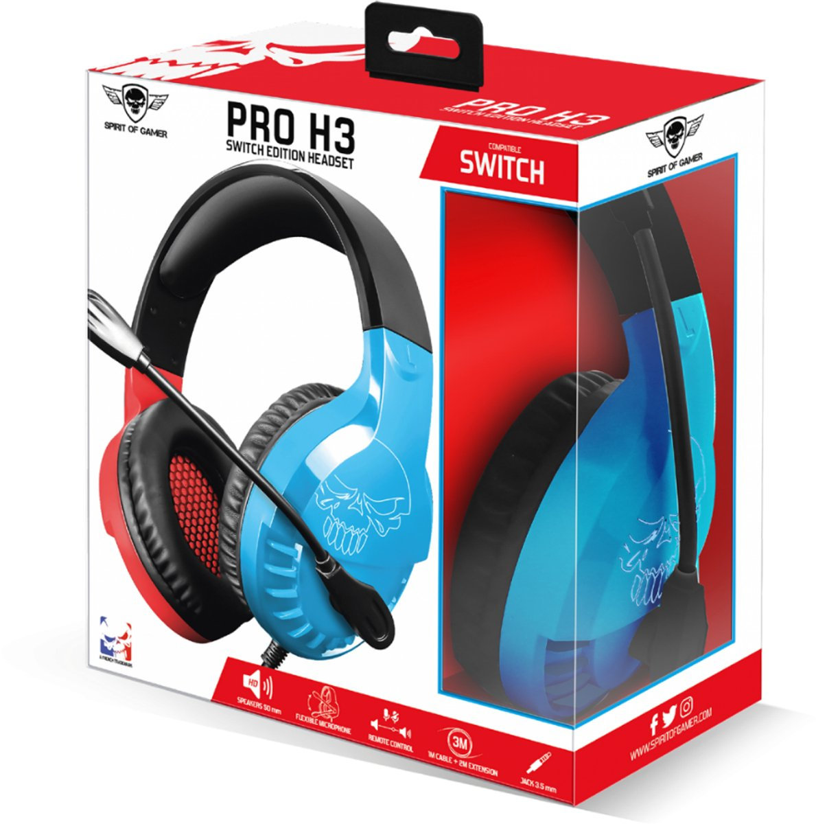 Scatola per cuffie Spirit of Gamer Pro H3 blu e nera con compatibilità Switch.