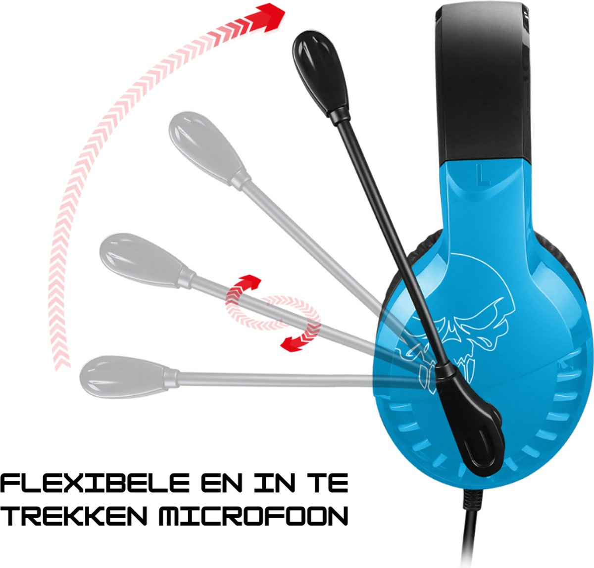 Cuffie blu con logo teschio e microfono flessibile ed estensibile con frecce.