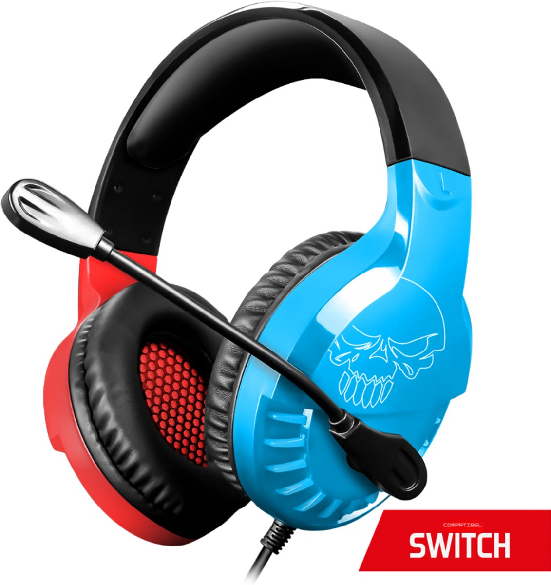 Cuffie da gaming blu con accenti rossi, grafica teschio e microfono.
