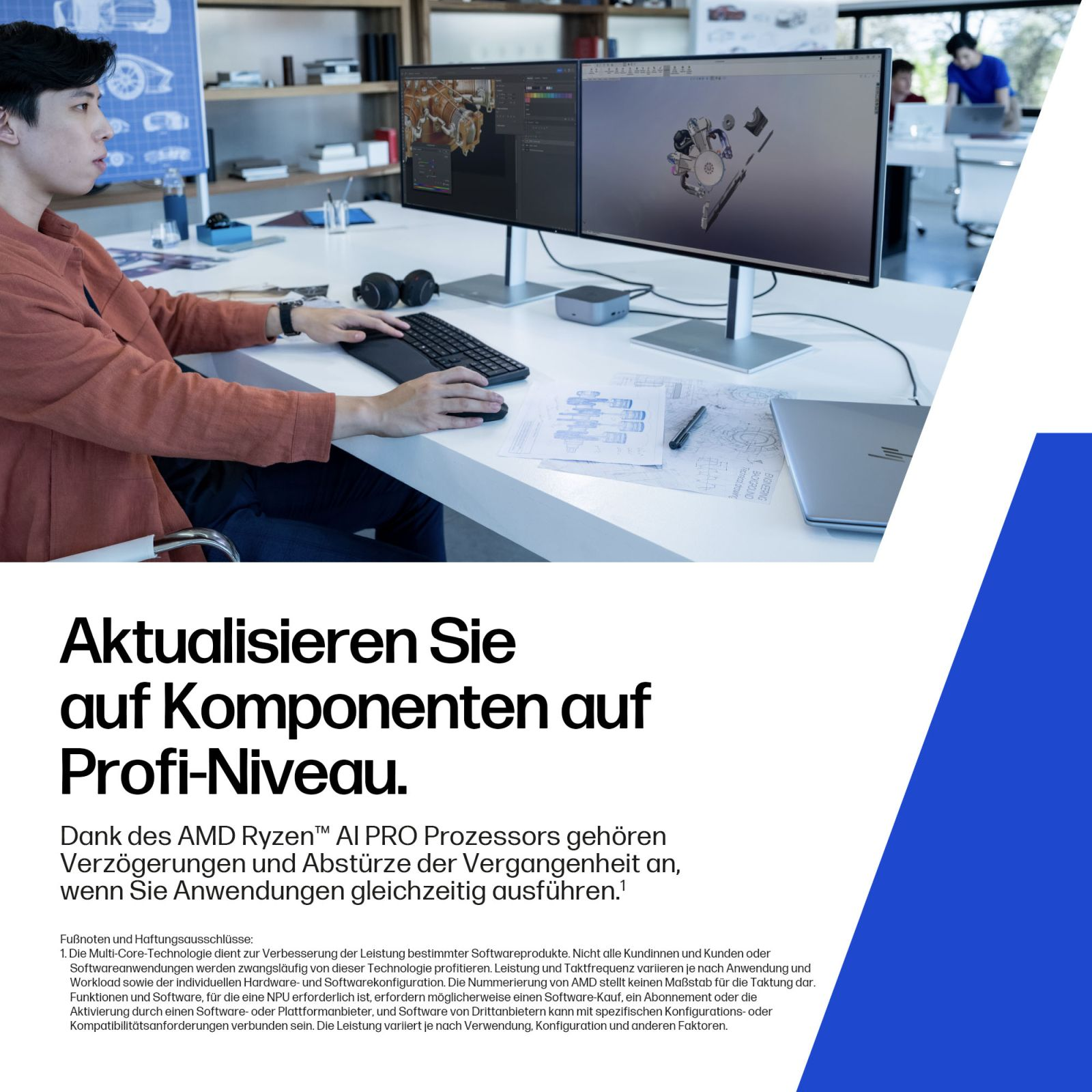 Mężczyzna używa komputera z dwoma monitorami pokazującymi modele 3D. Nakładka tekstowa wspomina o AMD Ryzen AI PRO.