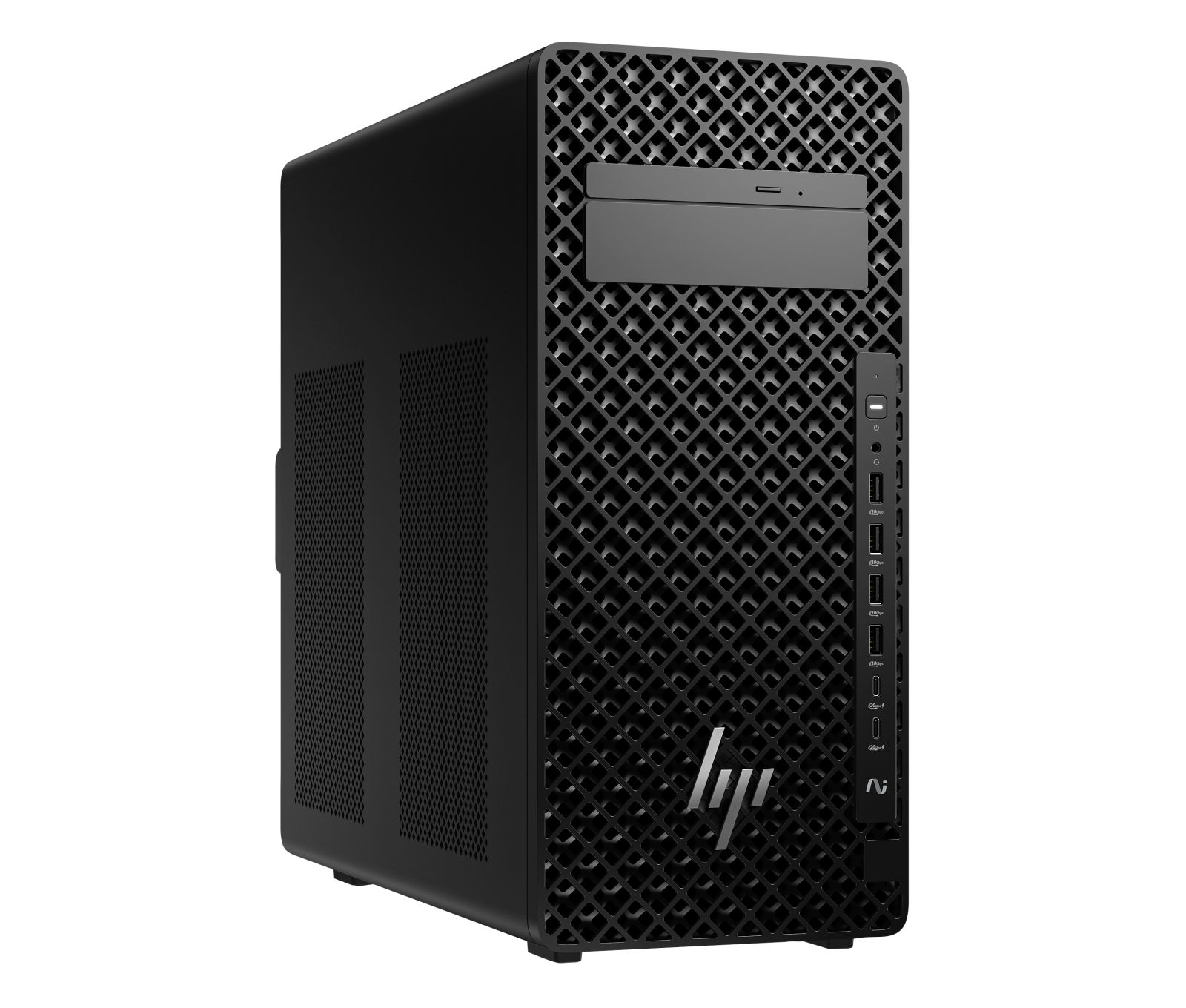 Czarny komputer HP typu tower z geometrycznym panelem przednim i srebrnym logo HP. Widoczne porty po prawej.