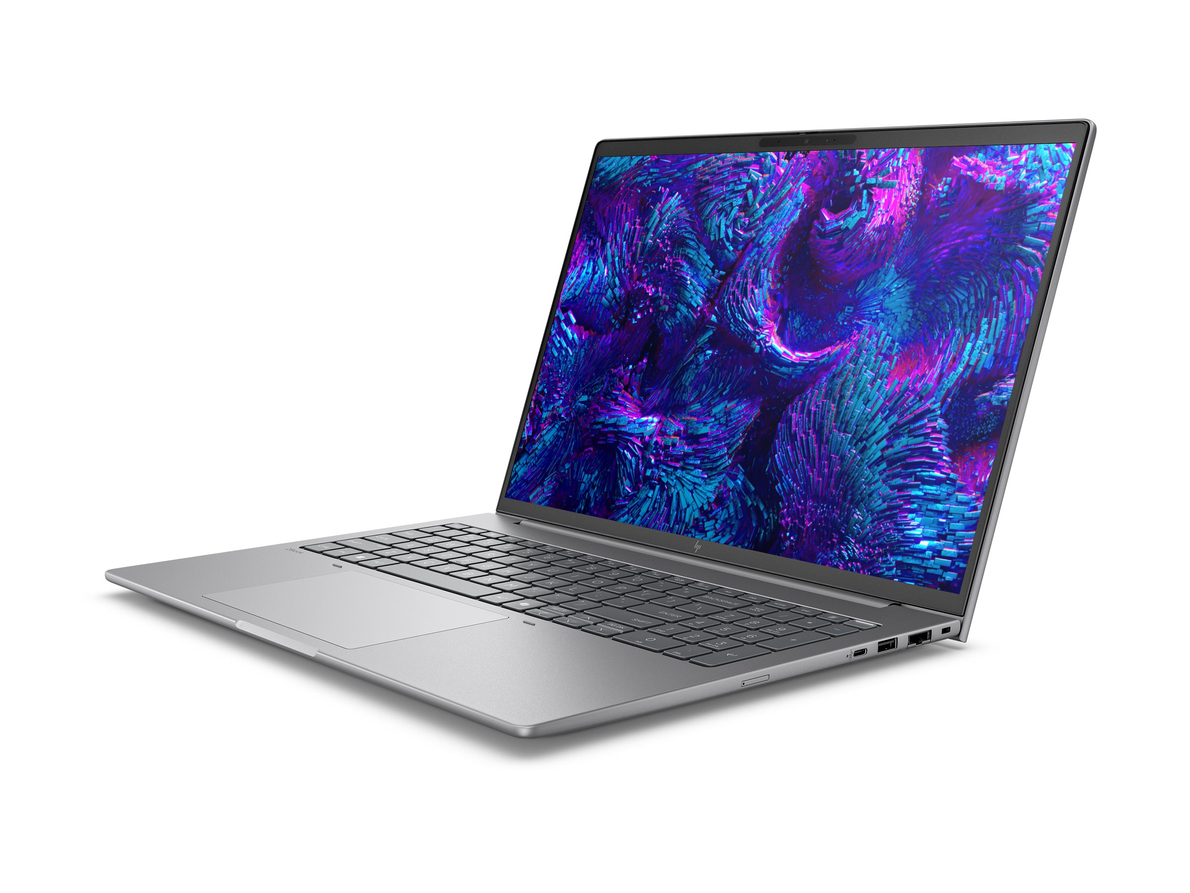 Srebrny laptop wyświetlający na ekranie żywe, abstrakcyjne tło.