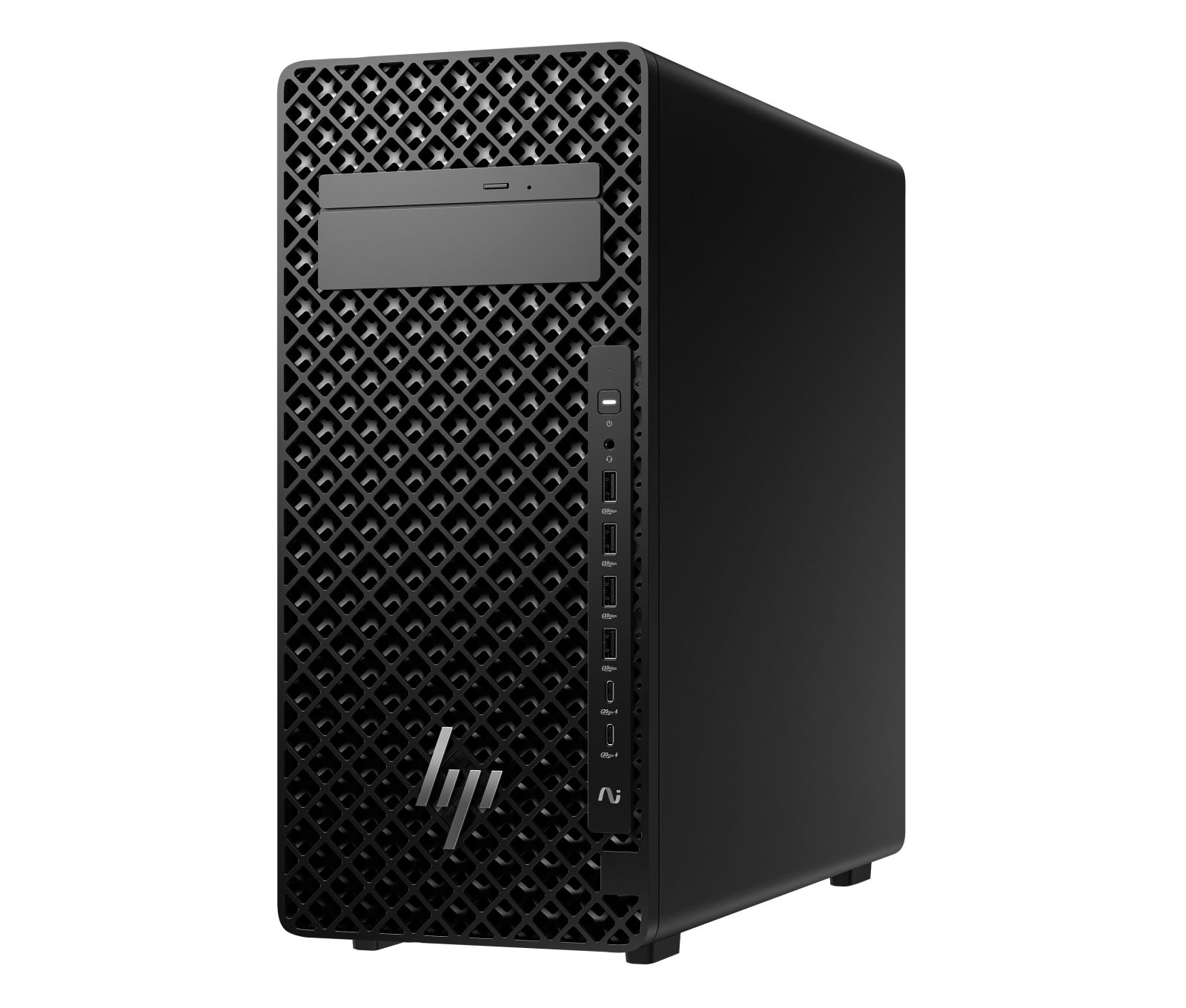 Czarny komputer stacjonarny HP typu tower z wzorzystym panelem przednim i srebrnym logo HP.