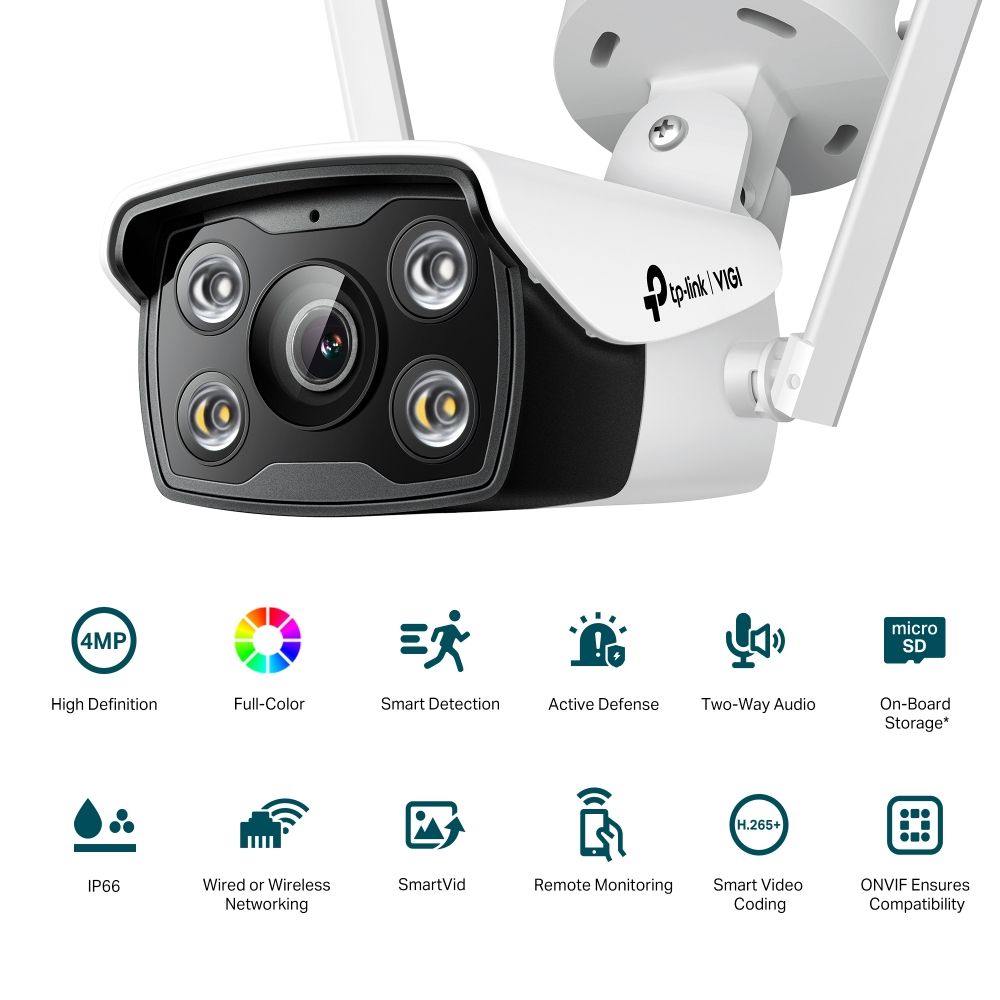 Witte beveiligingscamera met vier IR-LEDs, lens en TP-Link VIGI-logo.