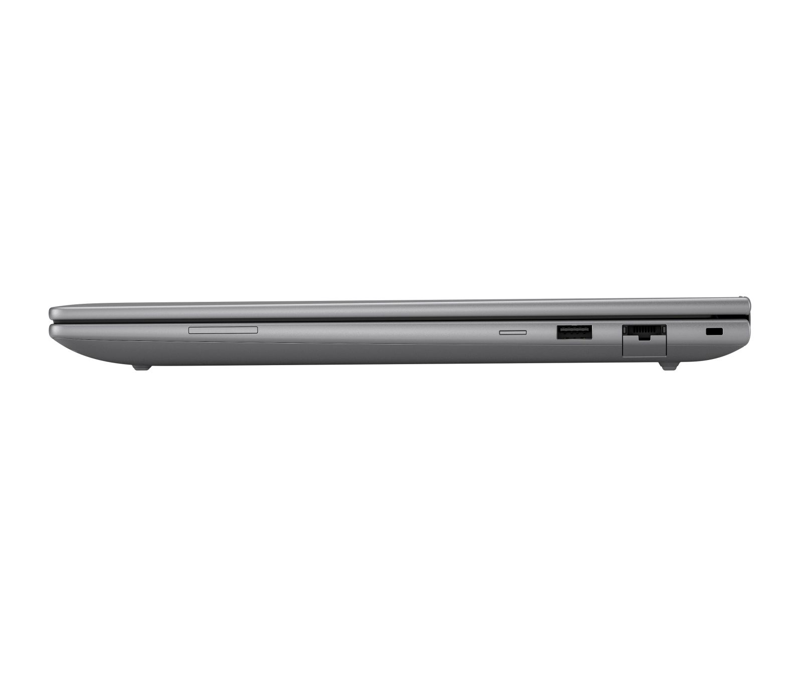 Seitenansicht eines geschlossenen silbernen Laptops mit USB-Anschlüssen und Kartenleser.