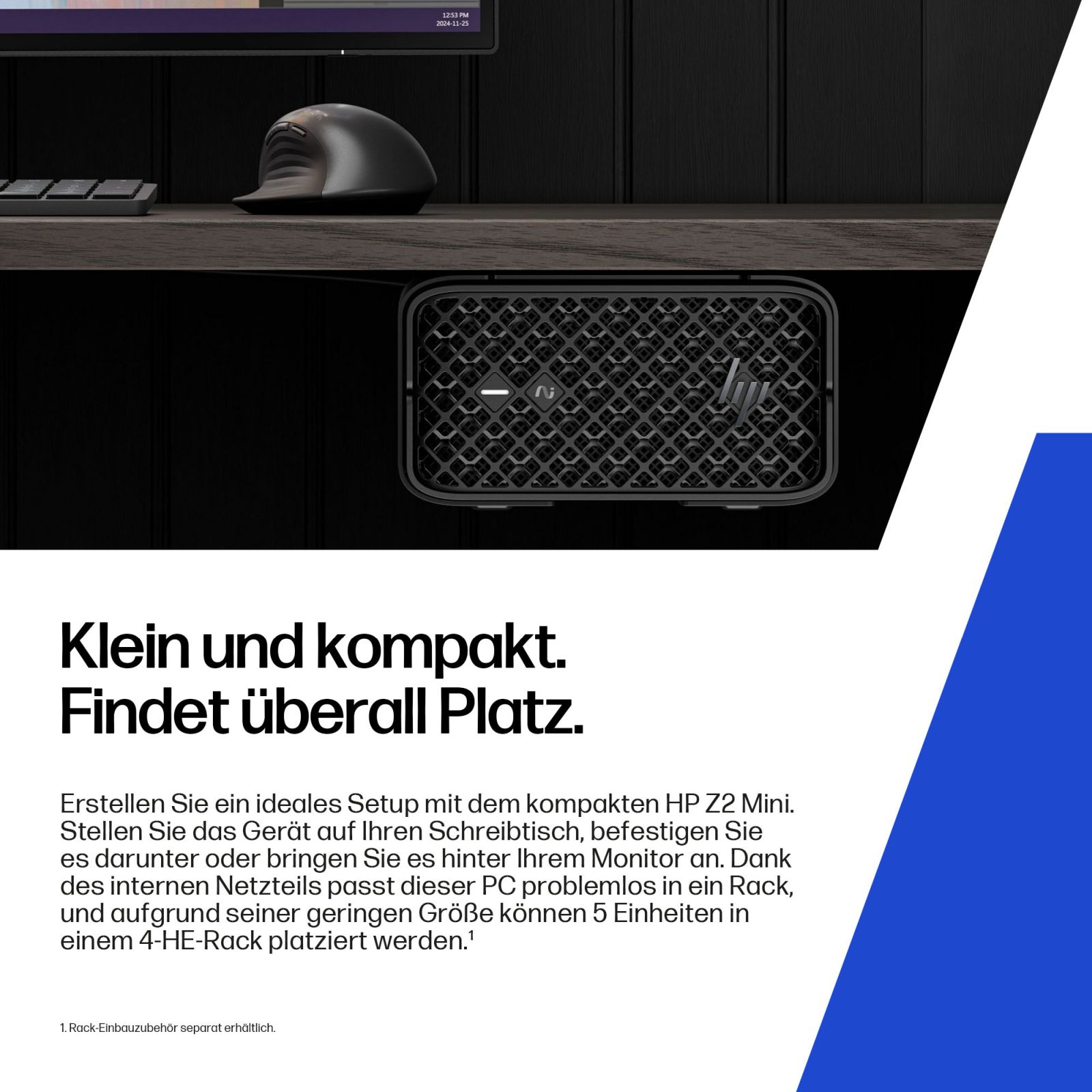 Un piccolo PC HP Z2 Mini nero con frontale a griglia, mouse e tastiera.