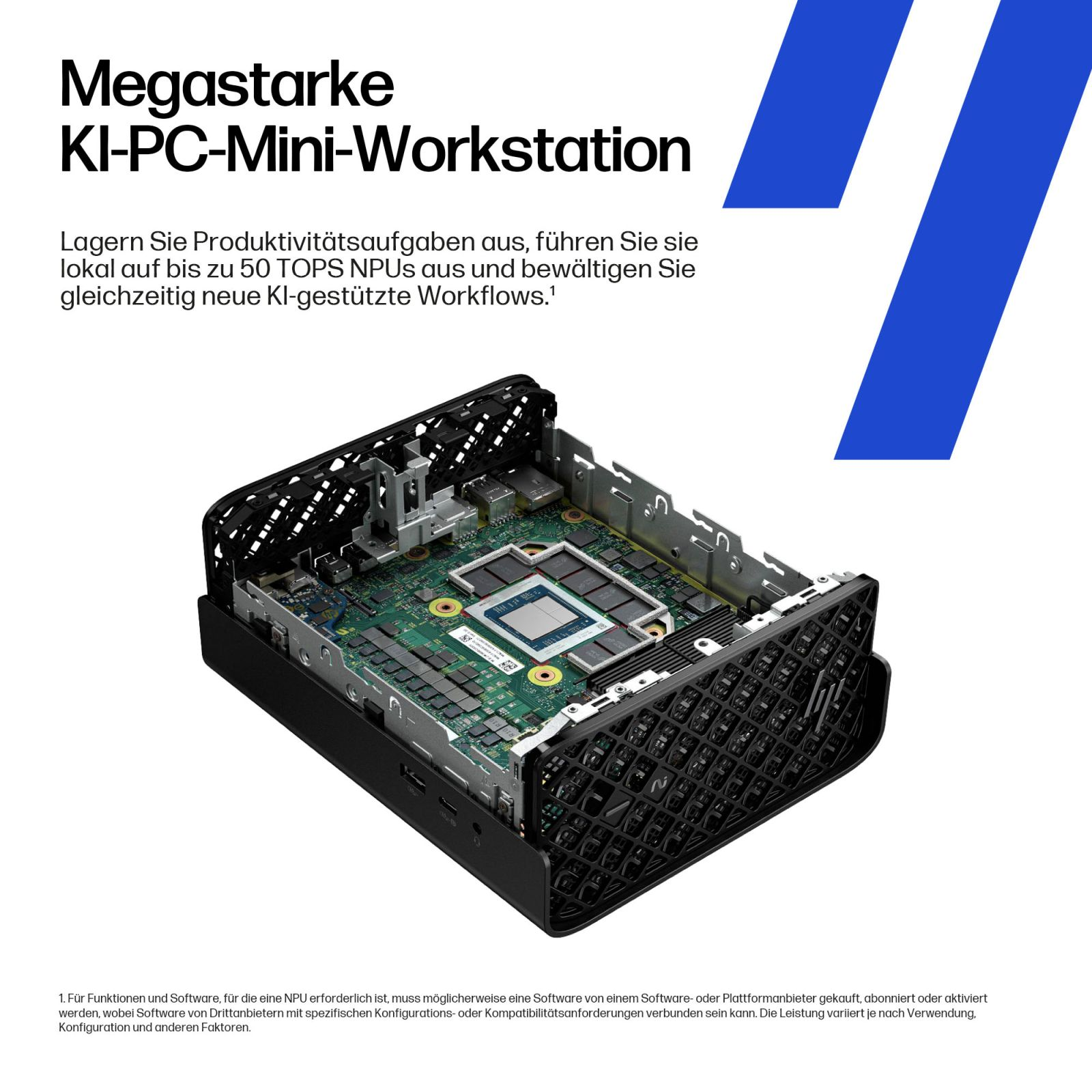 Mini-workstation nera aperta che mostra la scheda verde interna con un processore centrale grande.