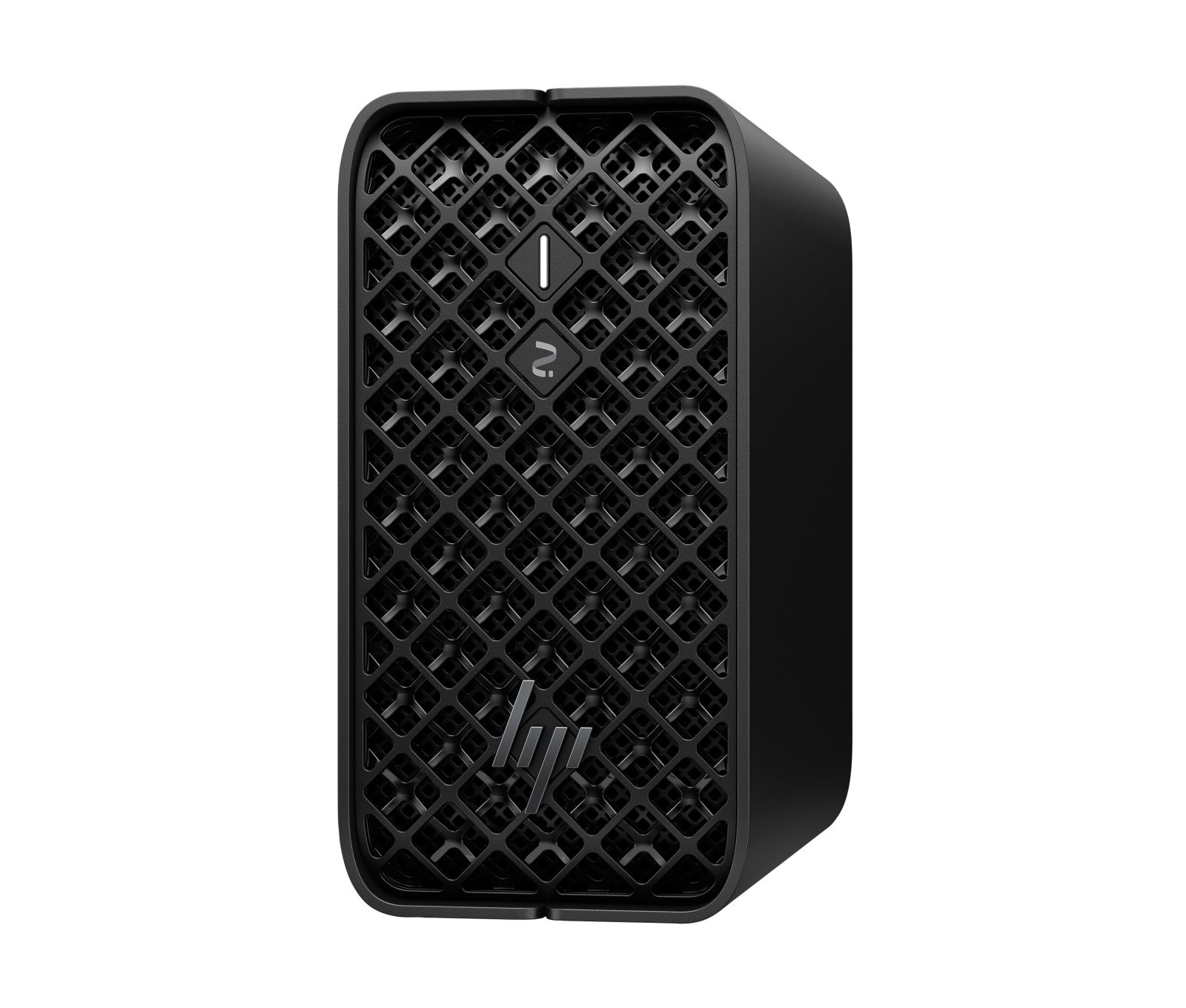 Una torre del computer HP nera con un distintivo motivo a griglia geometrica sul davanti.