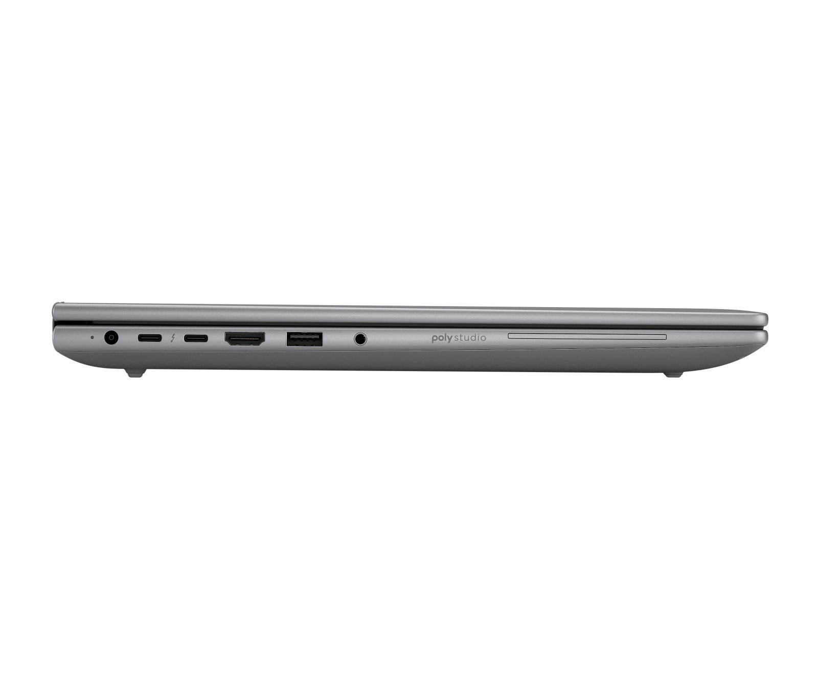 Widok z boku szarego laptopa pokazujący porty: USB-C, HDMI, USB-A, gniazdo audio. Widoczne logo 'poly studio'.
