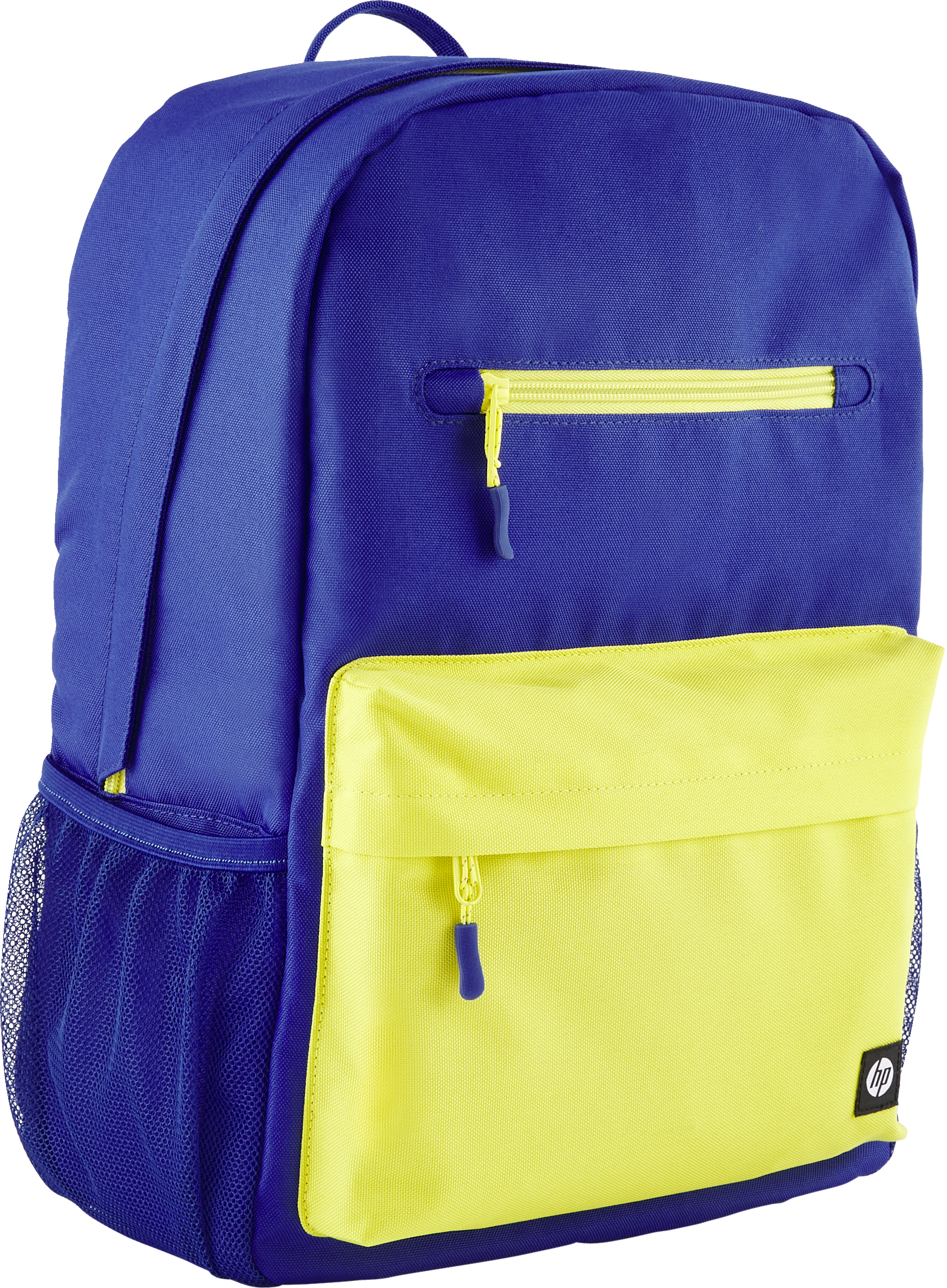 Zaino blu con tasca frontale gialla e tasche laterali in rete.