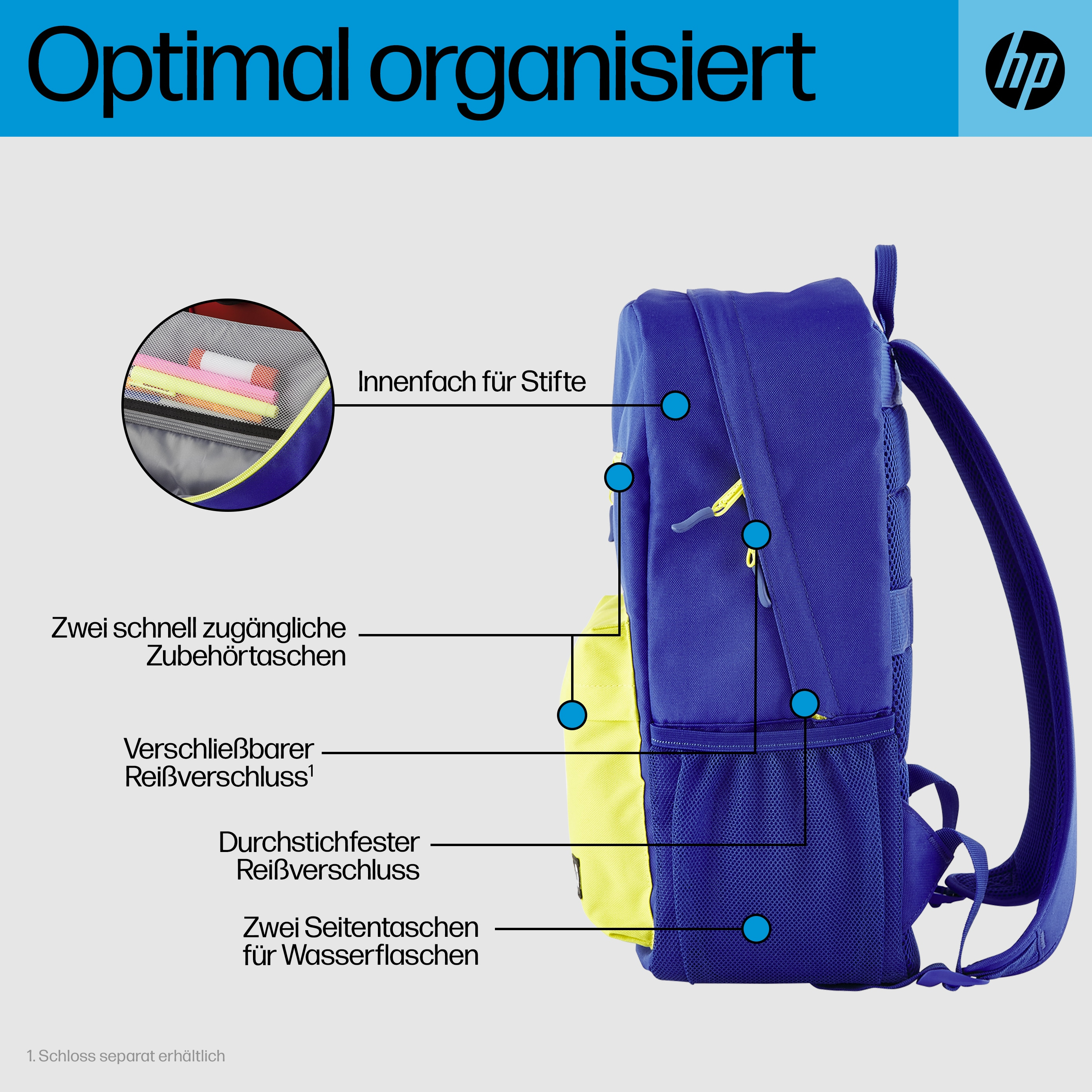Zaino blu con accenti gialli. Include tasca per penne, tasche accessori e portaborraccia.