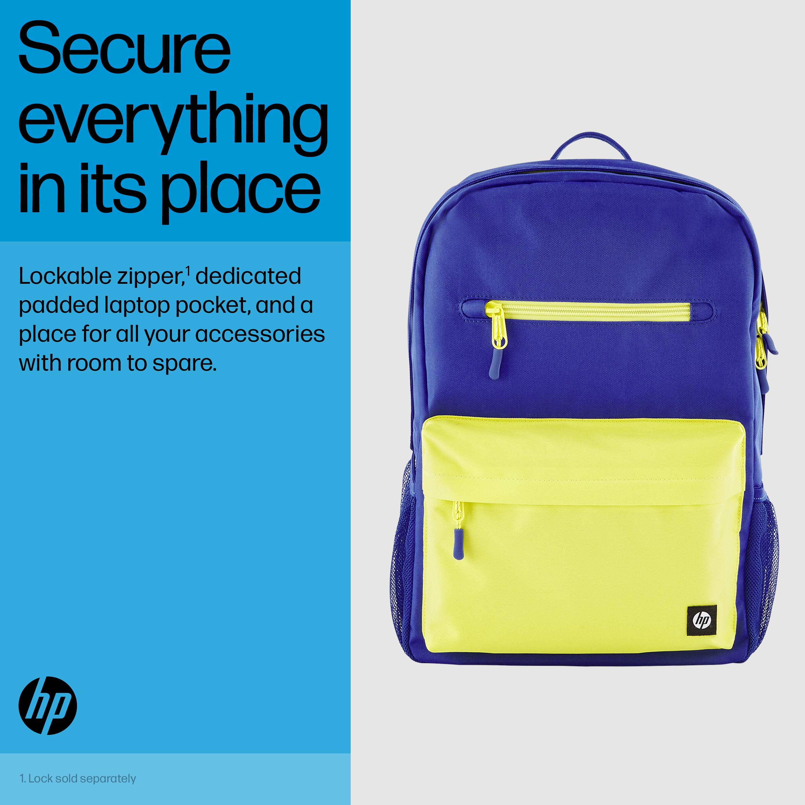 Zaino blu e giallo con logo HP. Il testo dice 'Secure everything in its place'.