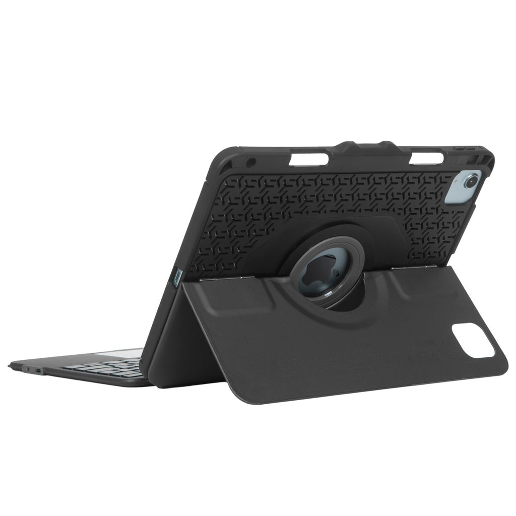 Custodia nera per tablet con supporto tastiera, che mostra il logo Apple sul retro.