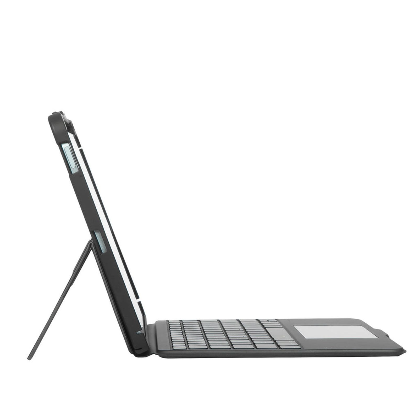 Custodia nera per tablet con tastiera e supporto, vista di lato.