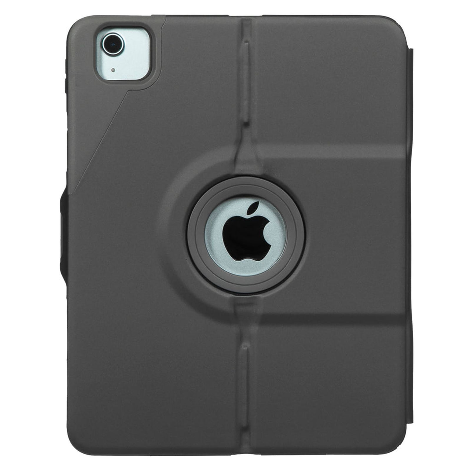 Custodia grigia scura per iPad con logo Apple al centro e ritaglio fotocamera in alto a sx.